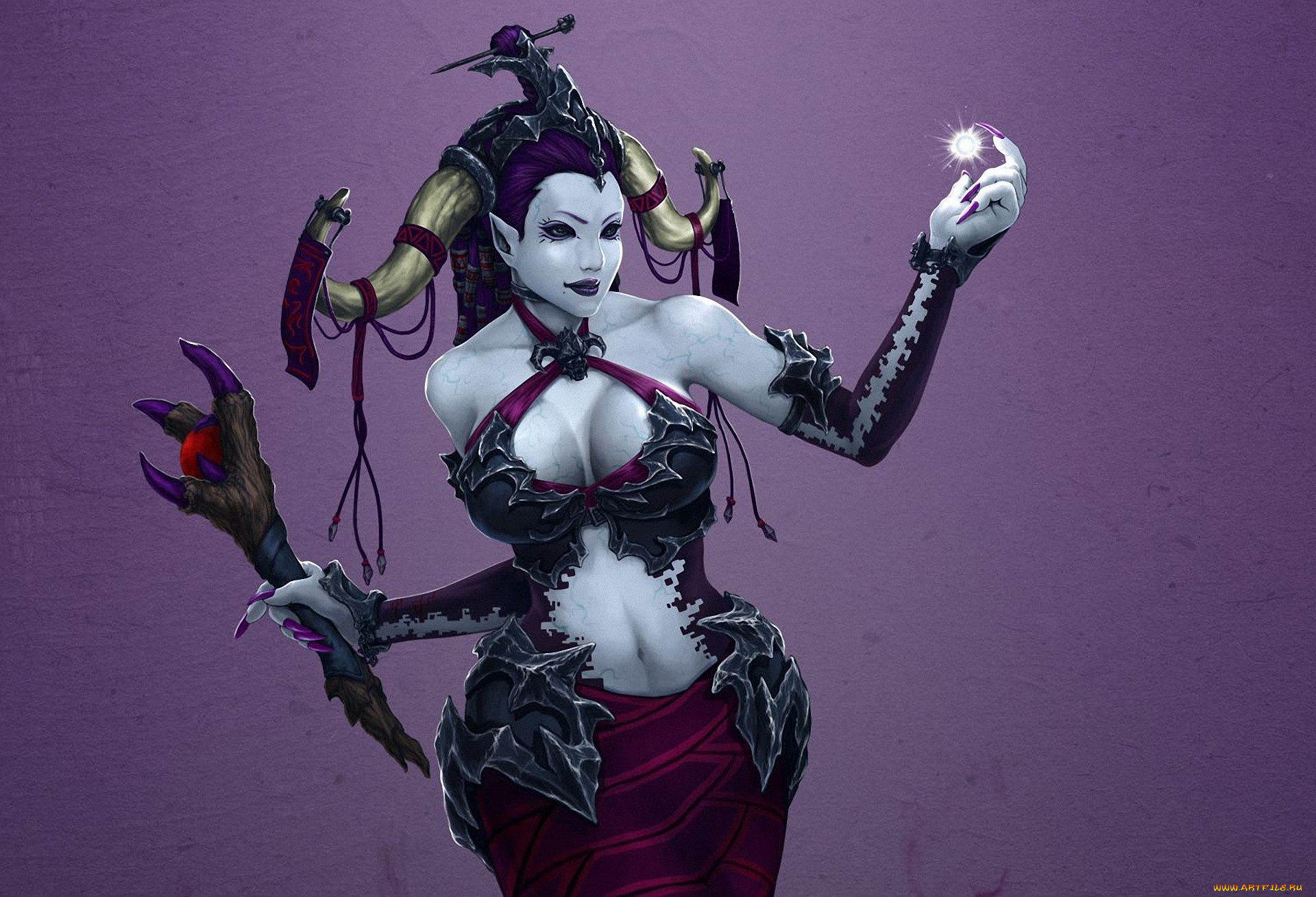 фэнтези, демоны, жезл, прическа, рога, арт, девушка, магия