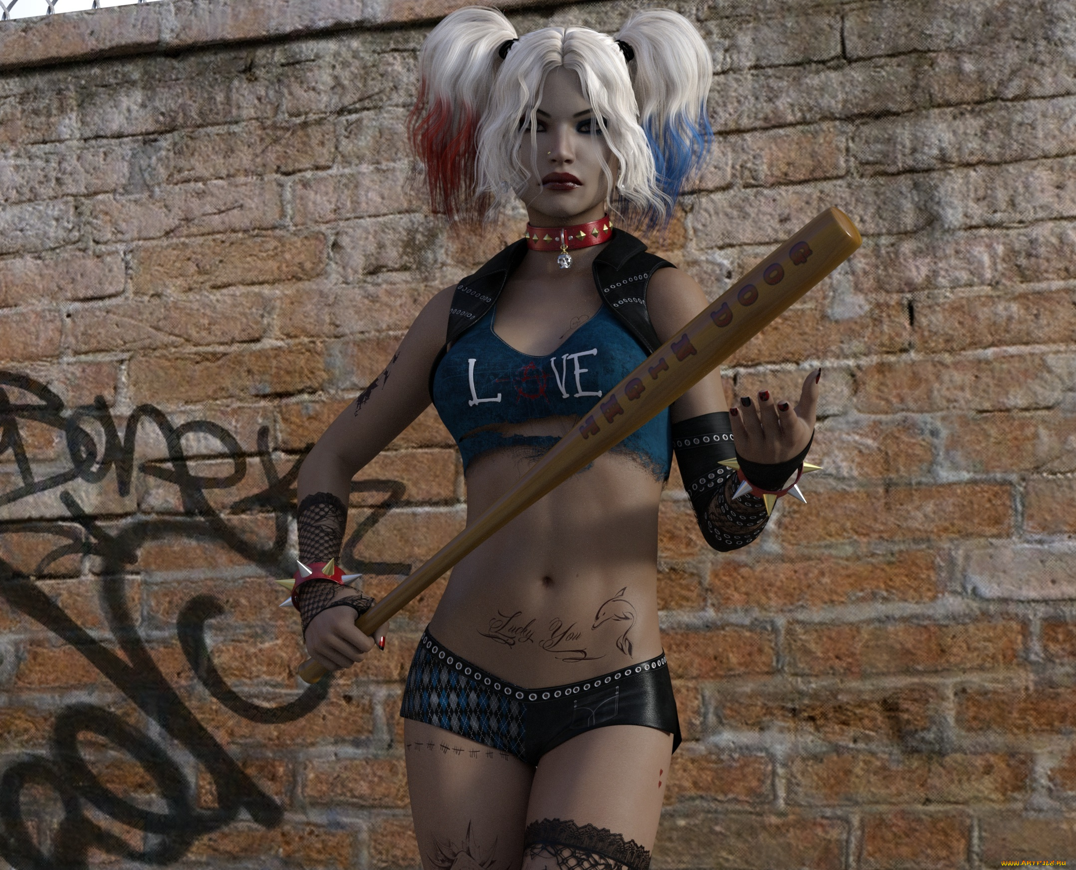 3д, графика, фантазия, , fantasy, девушка, бита, фон, взгляд