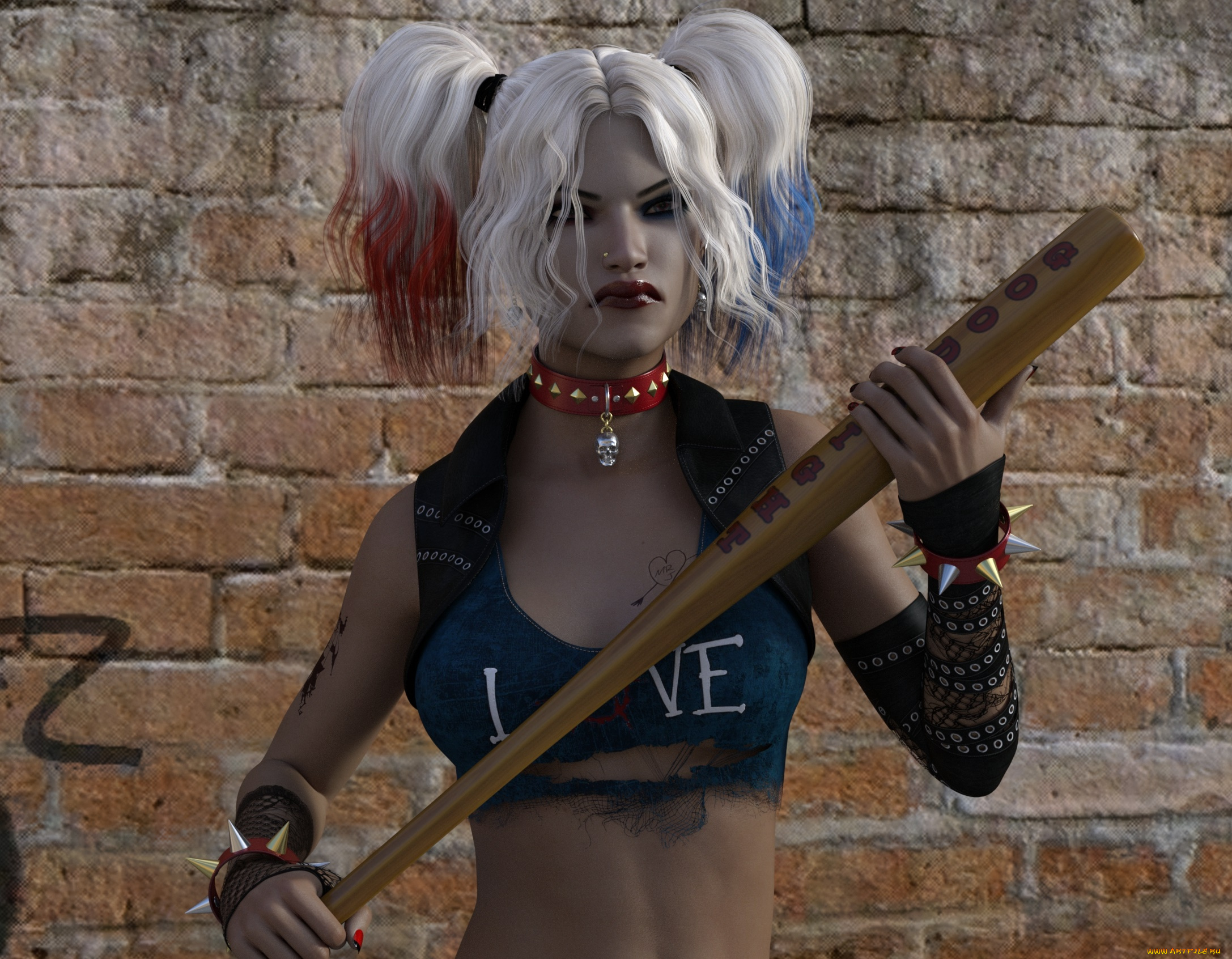 3д, графика, фантазия, , fantasy, девушка, фон, взгляд, бита