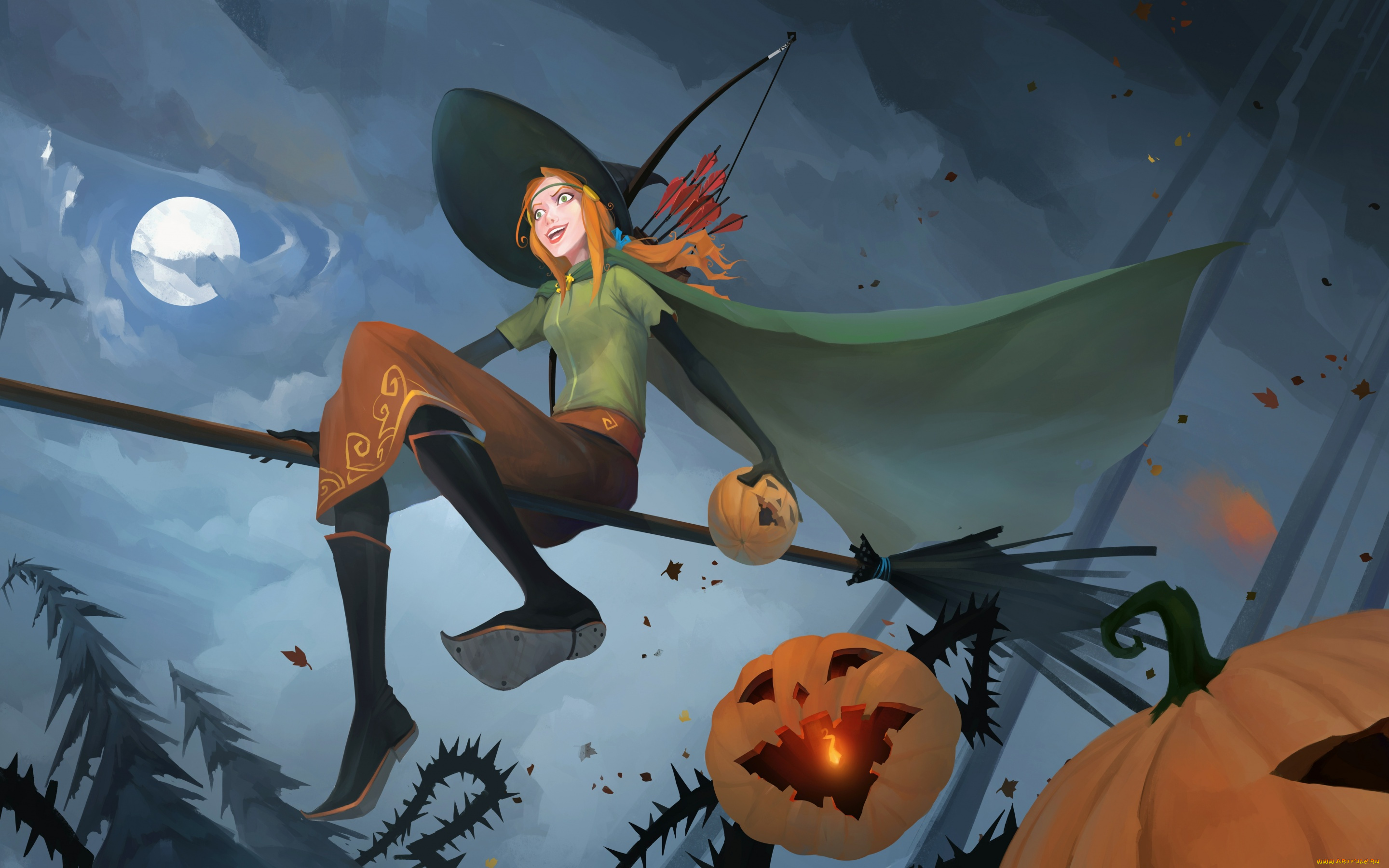 видео, игры, the, banner, saga, banner, saga, лучница, метла, праздник, полнолуние, шляпа, ведьма, alette, арт, стрелы, ночь, тыква, halloween