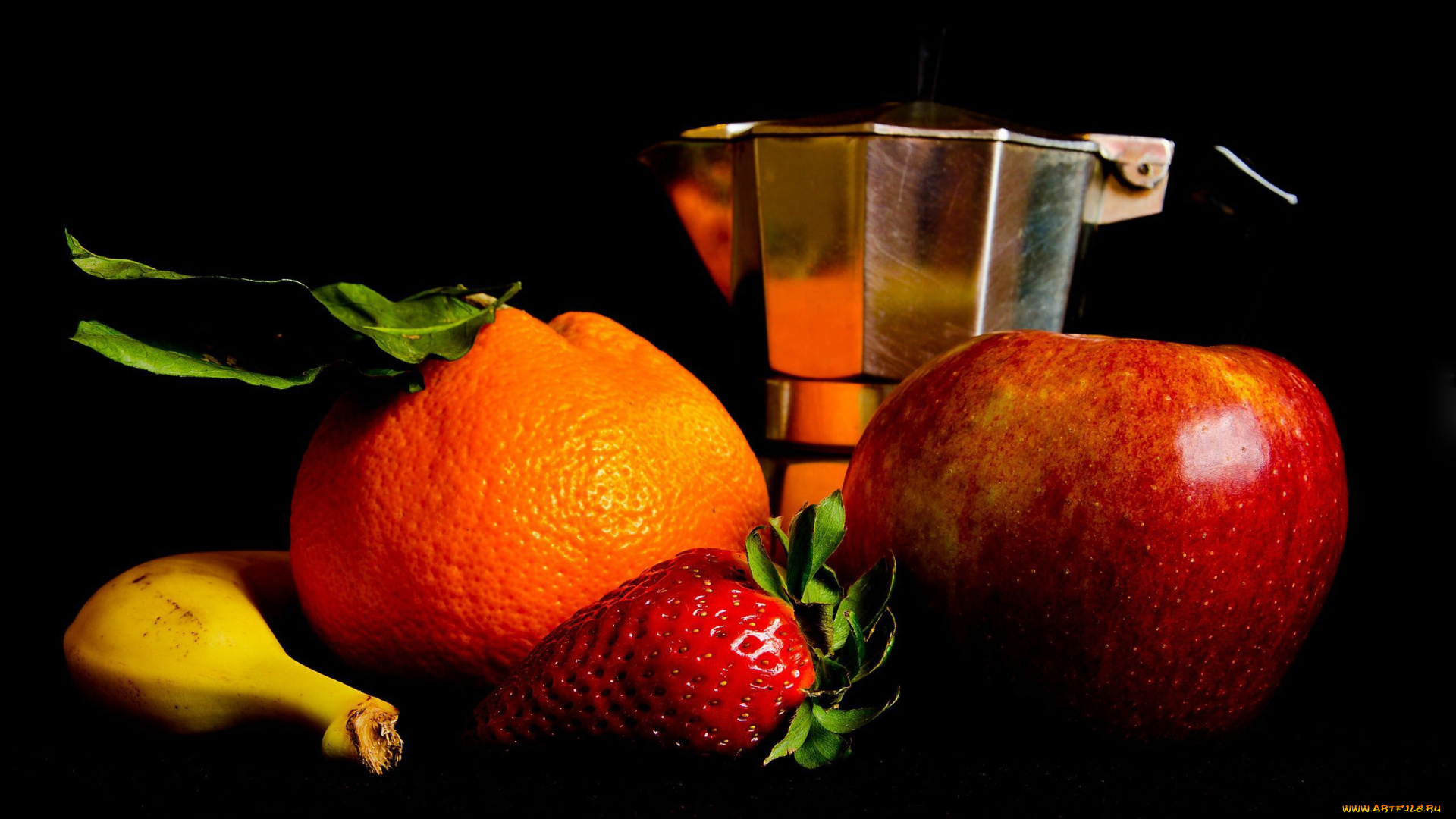 еда, фрукты, , ягоды, клубника, апельсин, яблоко, банан