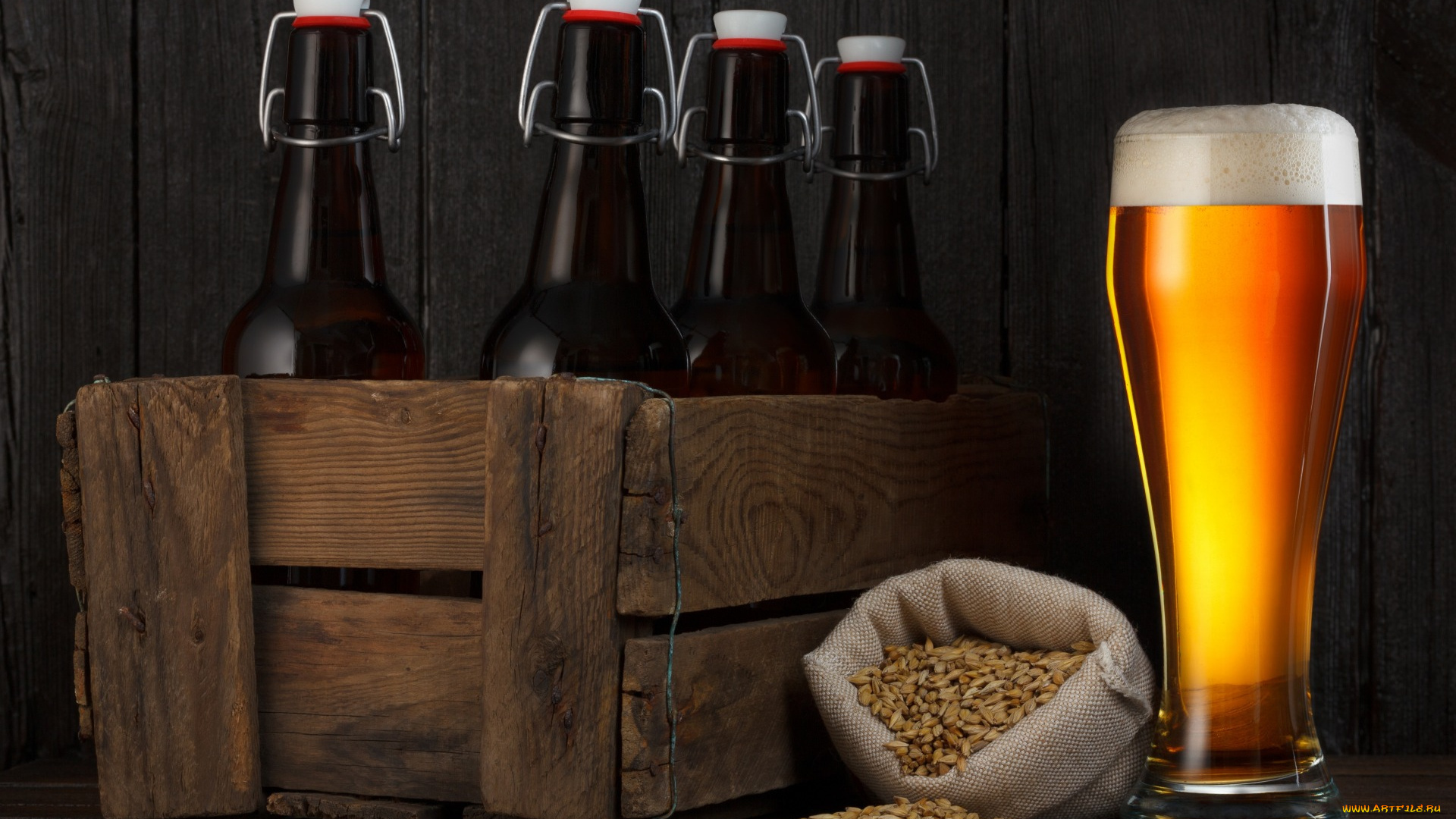еда, напитки, , пиво, пена, зёрна, ящик, бокал, пиво, бутылки