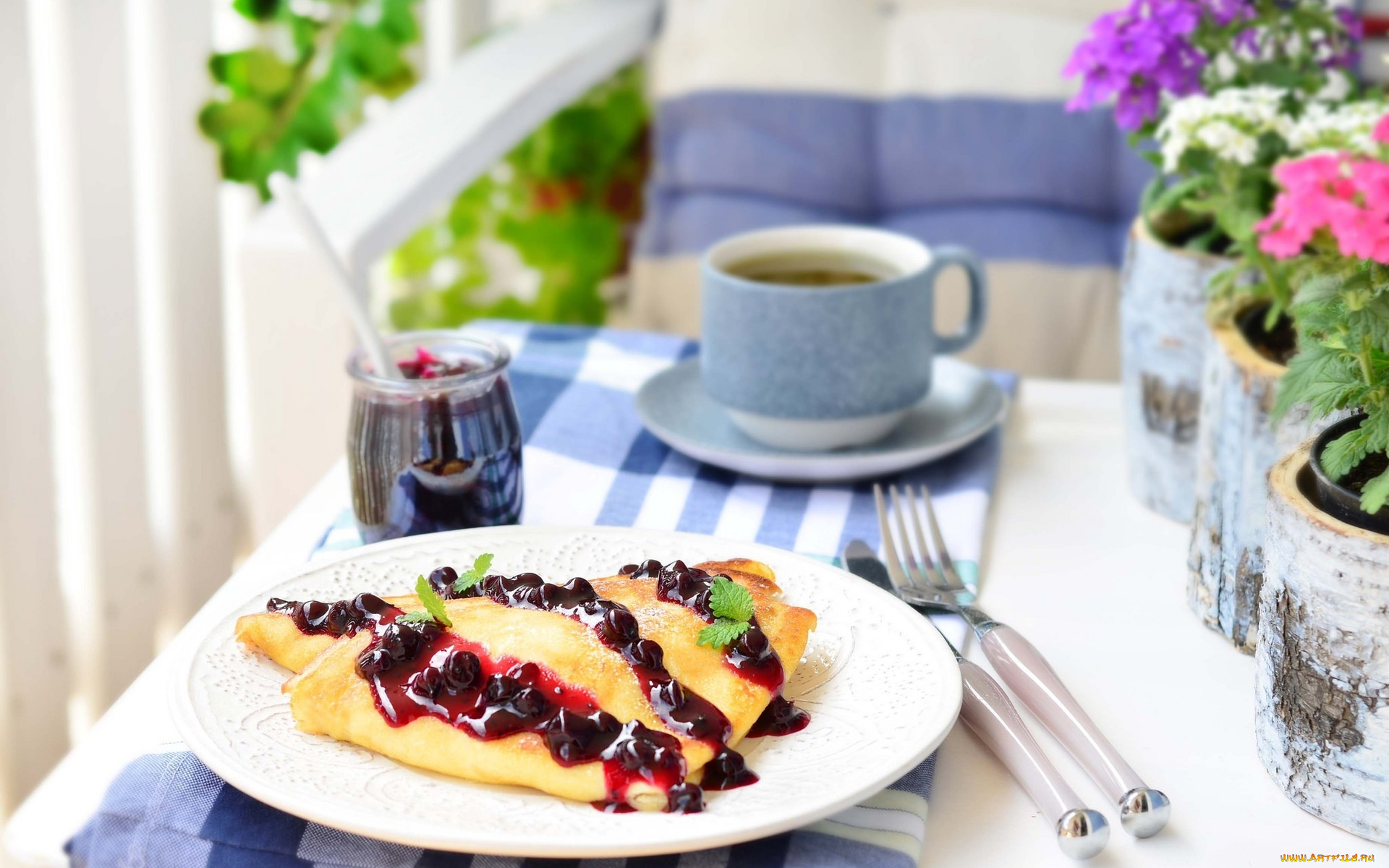 еда, блины, , оладьи, вишни, варенье, десерт