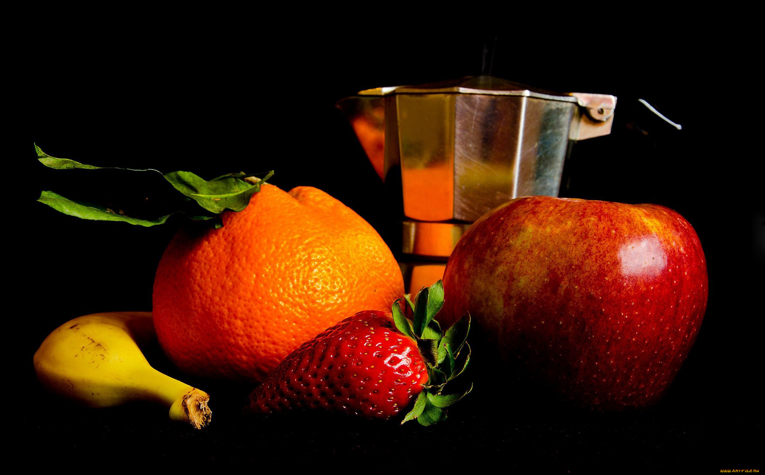 еда, фрукты, , ягоды, клубника, апельсин, яблоко, банан