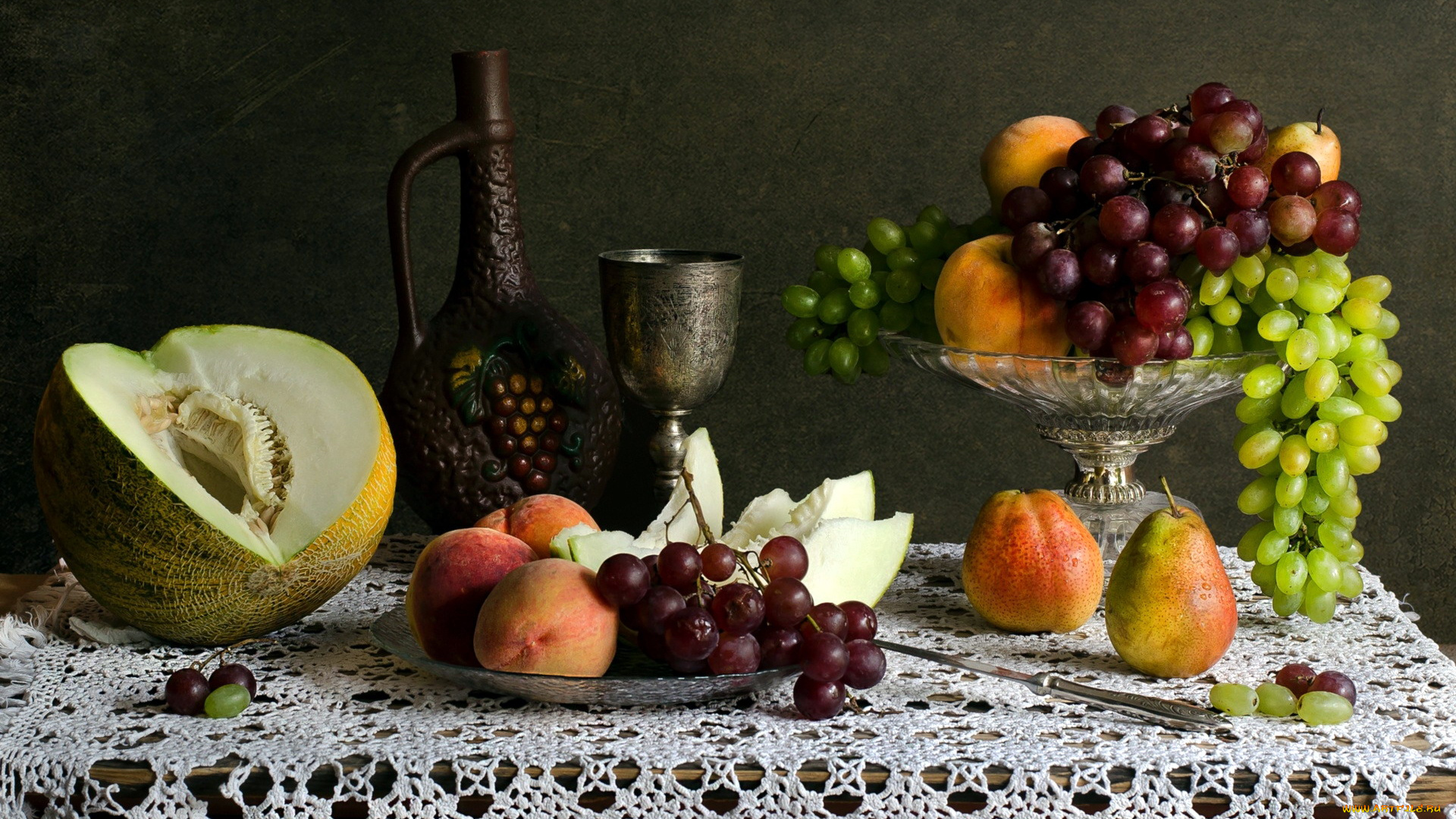 еда, натюрморт, бокал, кувшин, груши, виноград, дыня