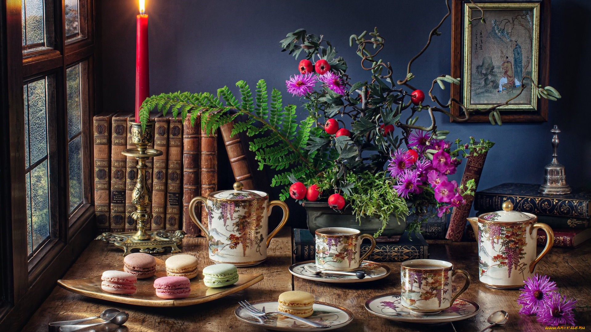 еда, натюрморт, свеча, макаруны, кофе