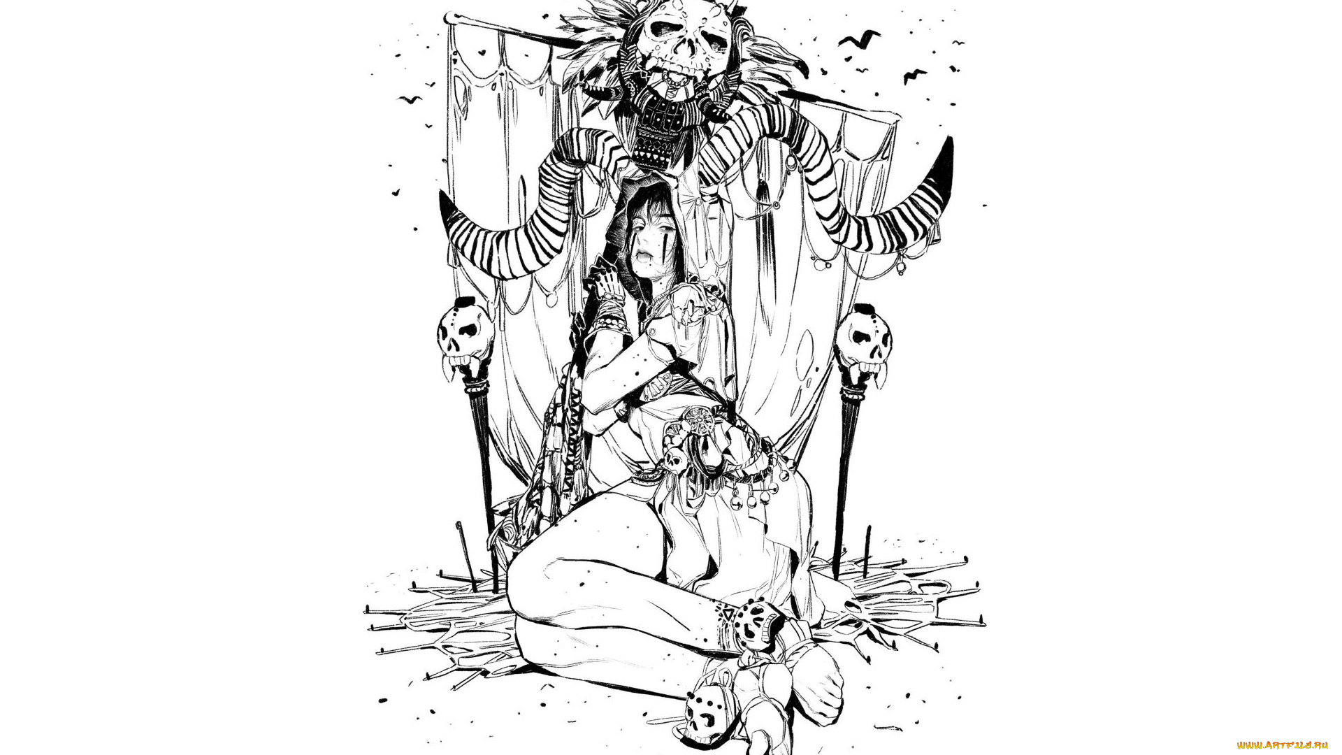 фэнтези, демоны, девушка, черепа, рога