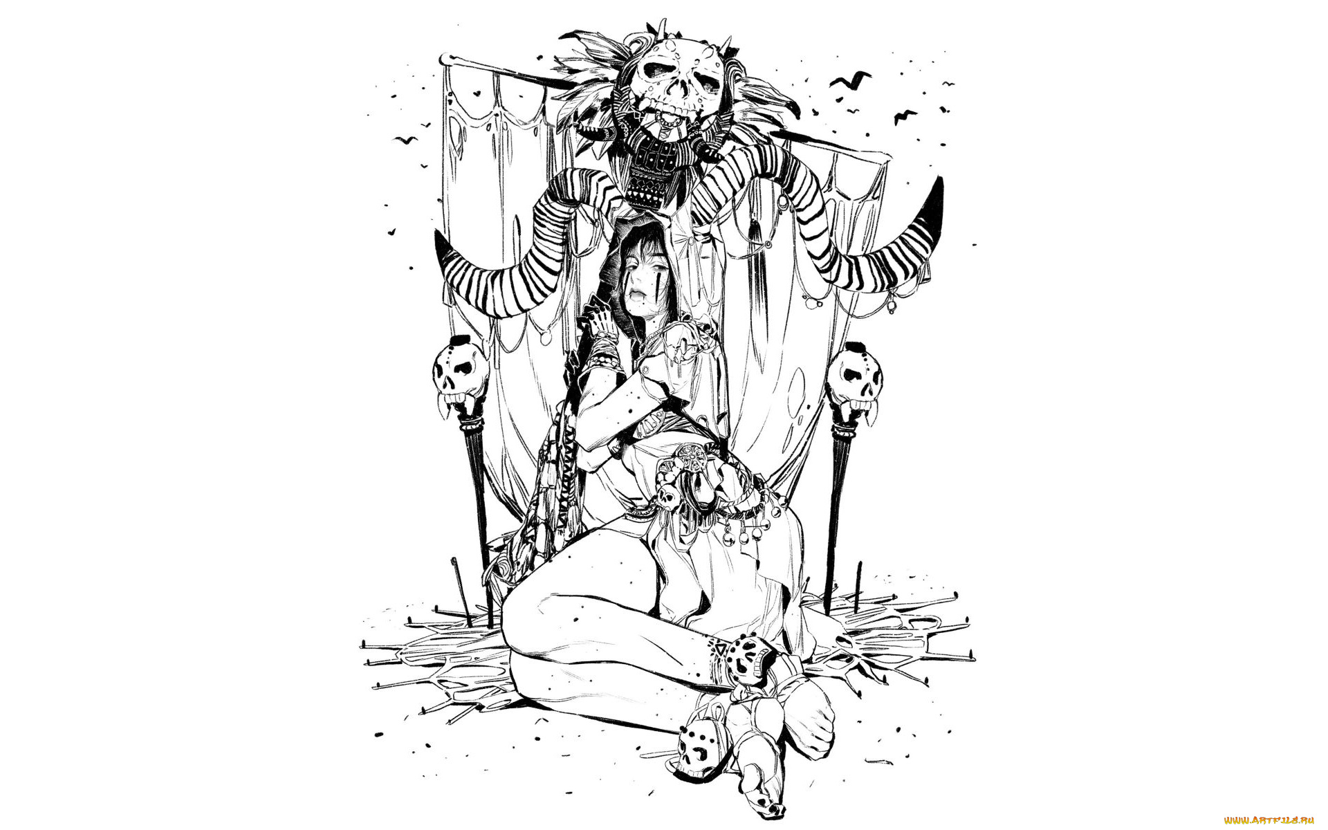 фэнтези, демоны, девушка, черепа, рога