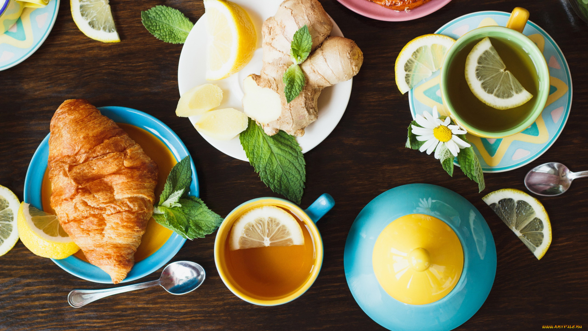 еда, напитки, , чай, имбирь, лимон, мята, чай, круассан