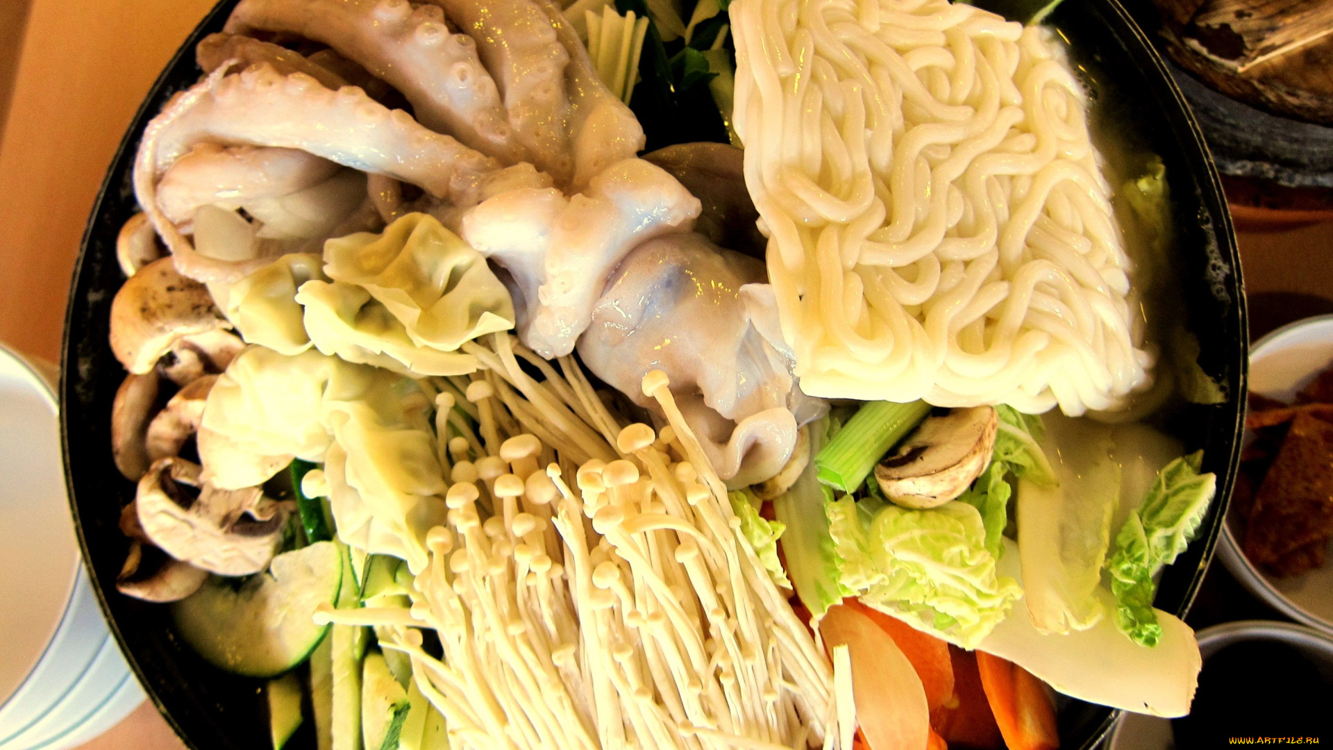 еда, рыбные, блюда, , с, морепродуктами, корейская, кухня, осьминог, грибы, овощи