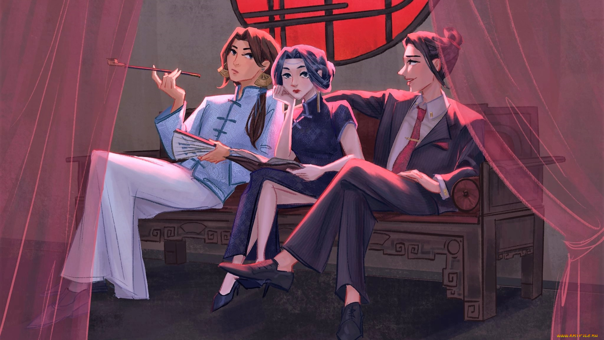 рисованное, люди, трубка, книга, диван