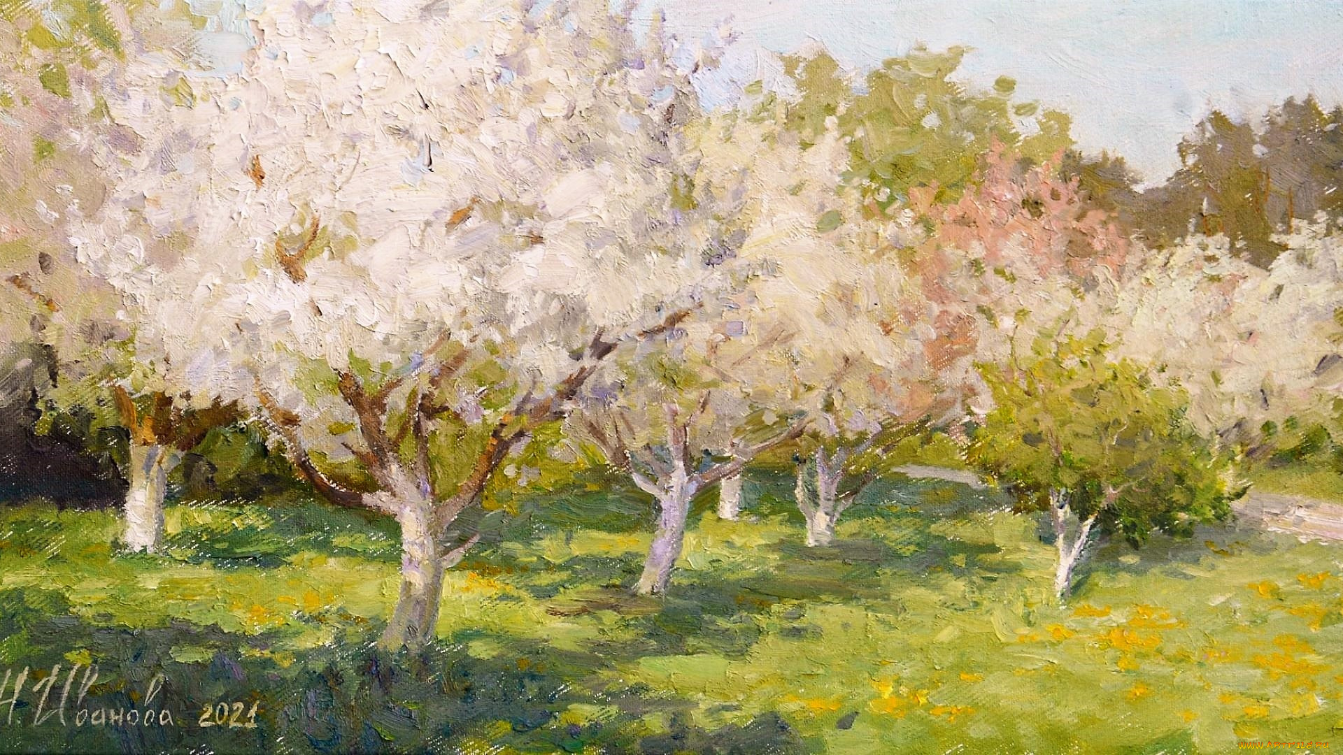 рисованное, живопись, деревья, сад, цветение