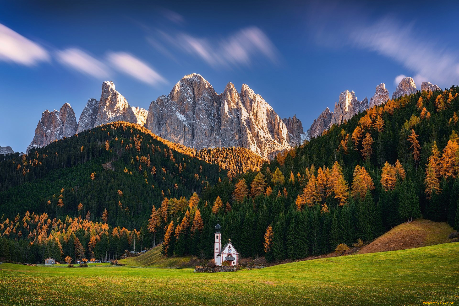 города, валь-де-фюнес, , санта-маддалена, , италия, горы, лес, костел