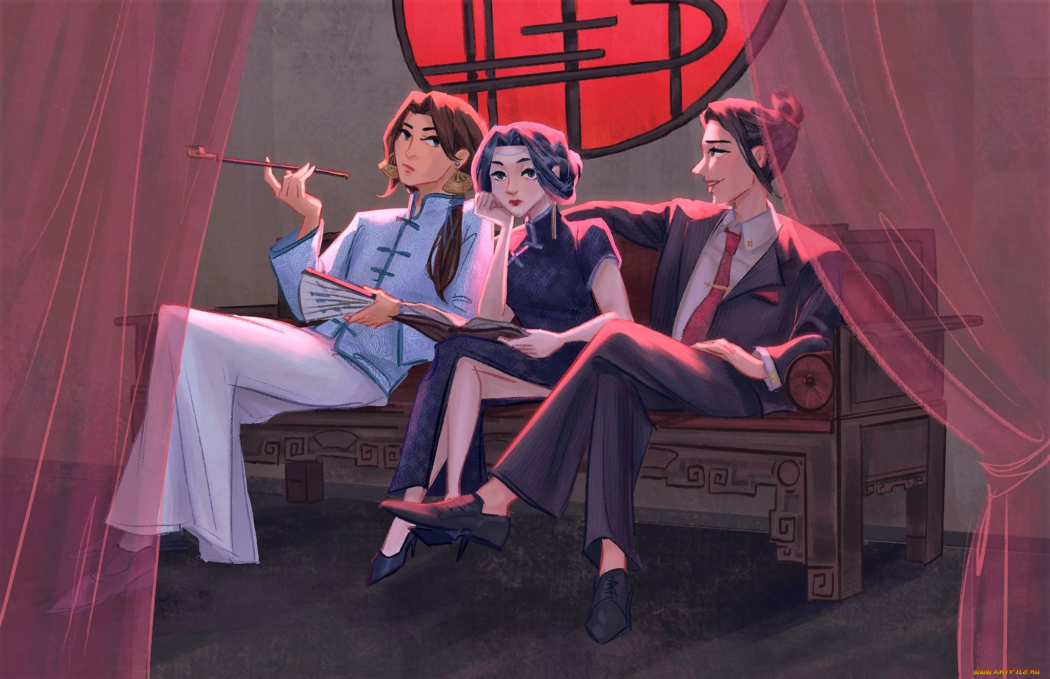 рисованное, люди, трубка, книга, диван