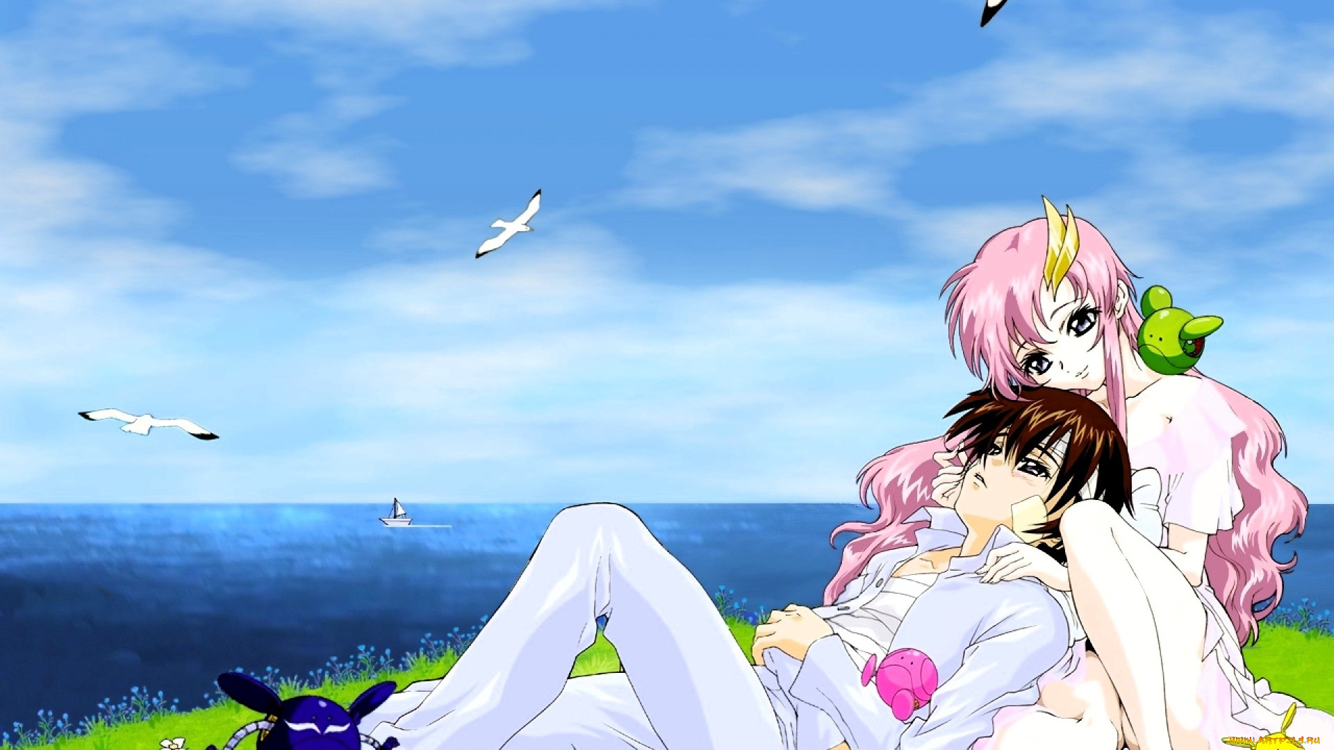 аниме, mobile, suit, gundam, пара, море, чайки