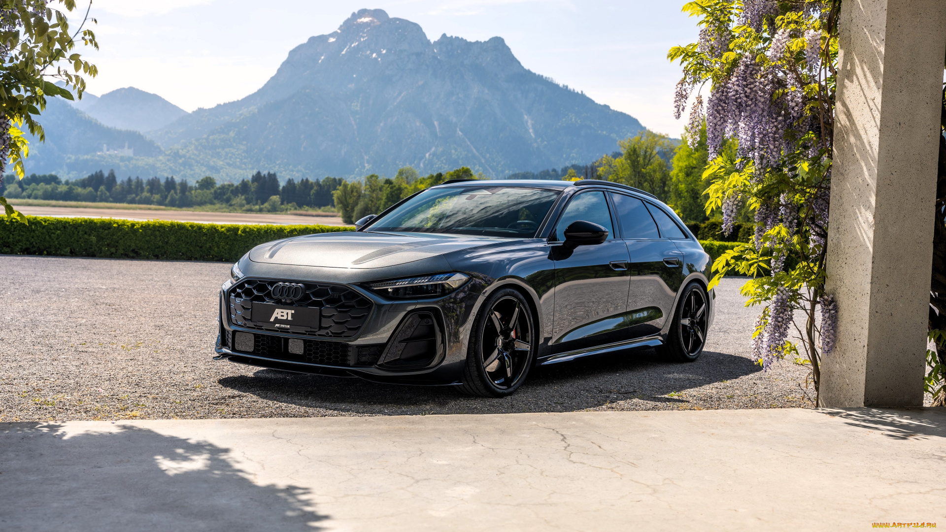 audi, s5, avant, abt, sportsline, автомобили, audi, черный, площадка, здание, глициния, колонна, горы