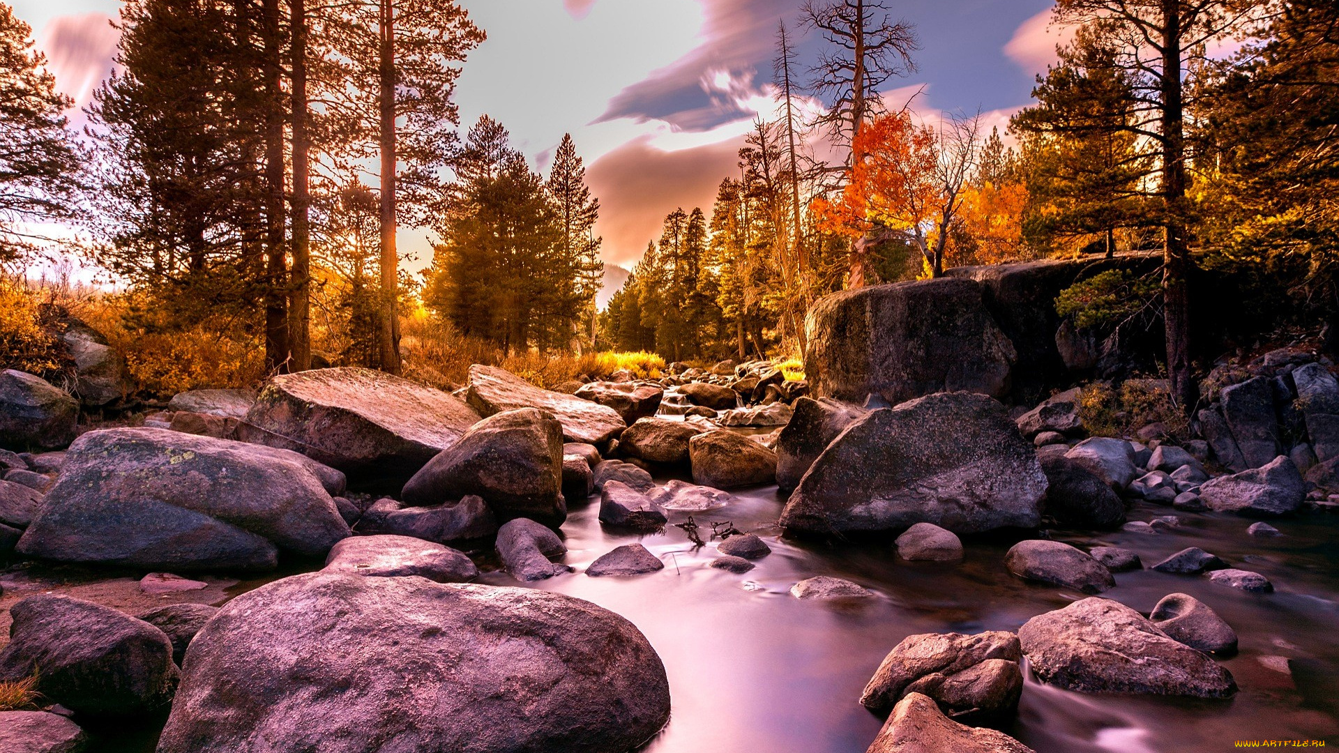 природа, реки, озера, лес, деревья, камни, ручей, осень