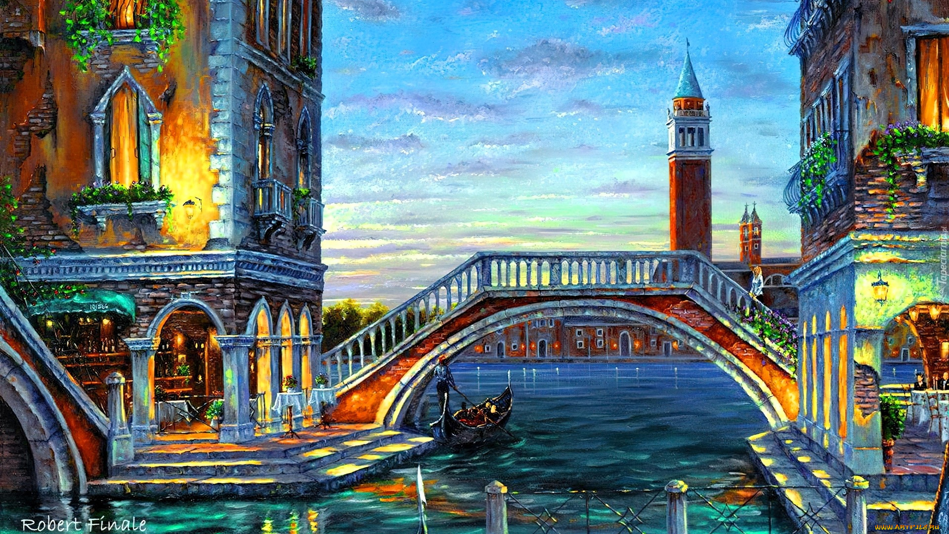 рисованное, robert, finale, город, венеция, дома, башня, канал, мост, гондола
