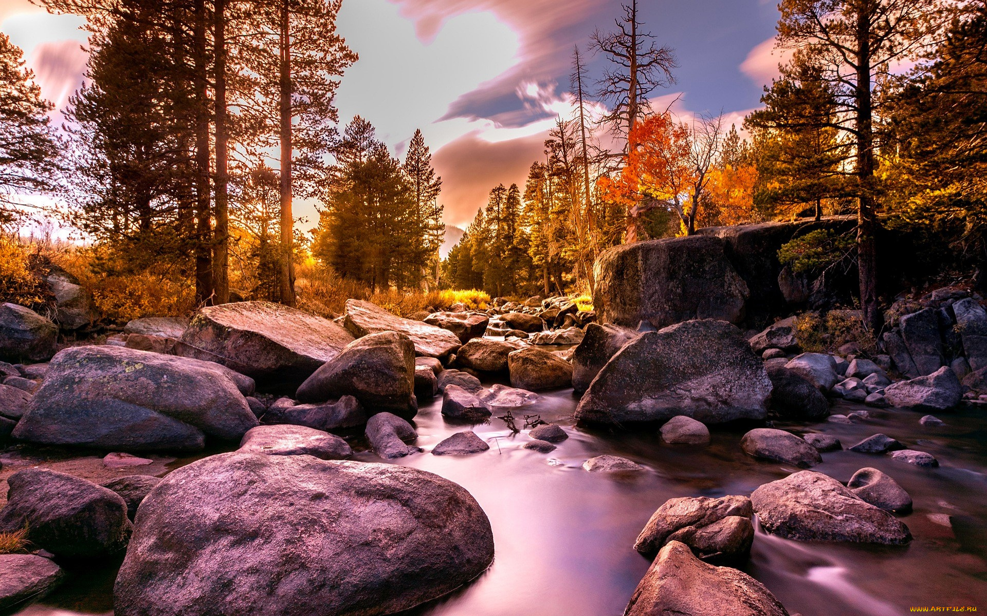 природа, реки, озера, лес, деревья, камни, ручей, осень