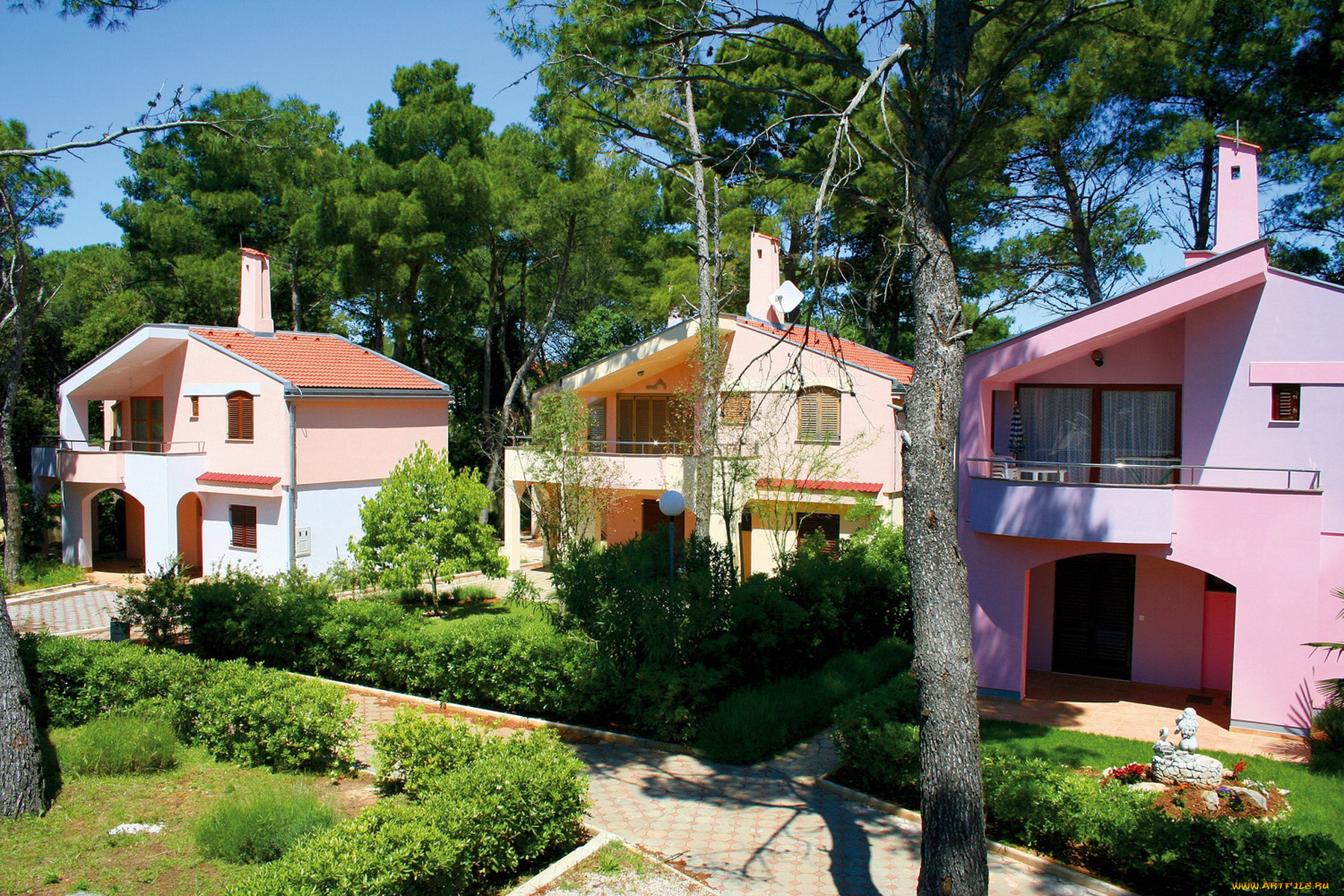 города, здания, дома, сосны, домики