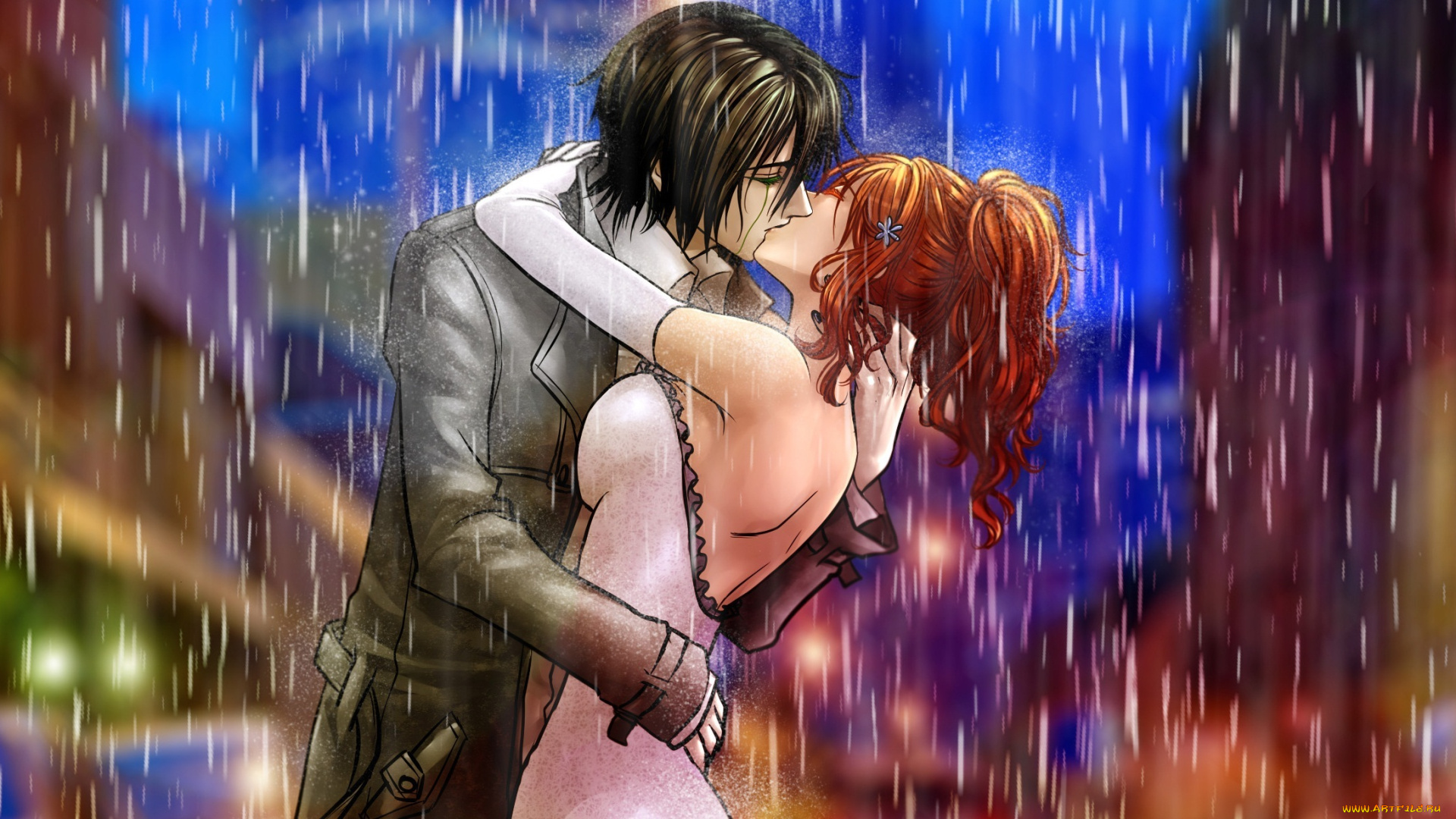 аниме, bleach, пара, поцелуй, дождь, парень, девушка