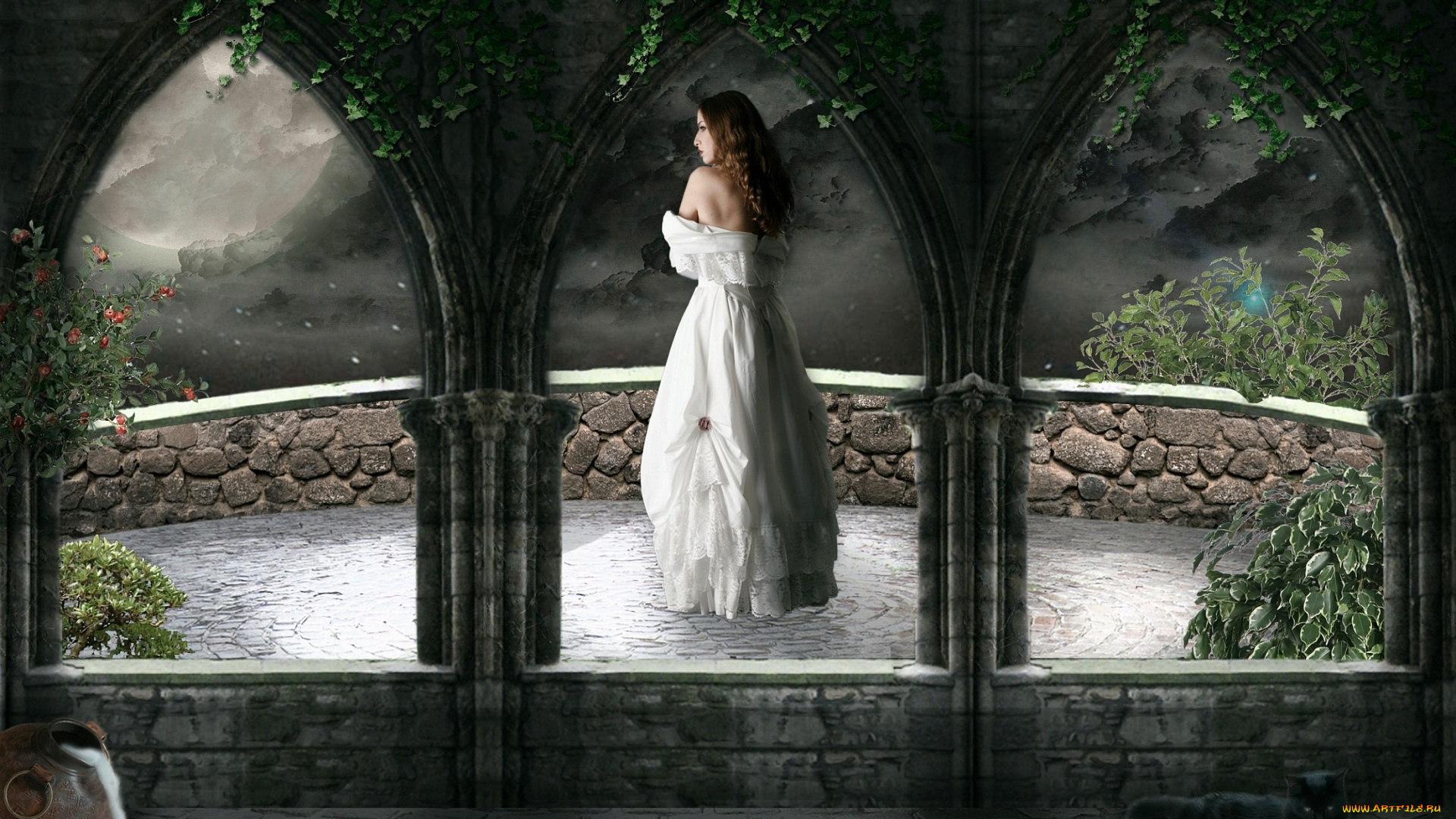 фэнтези, девушки, кот, плющ, платье, балкон