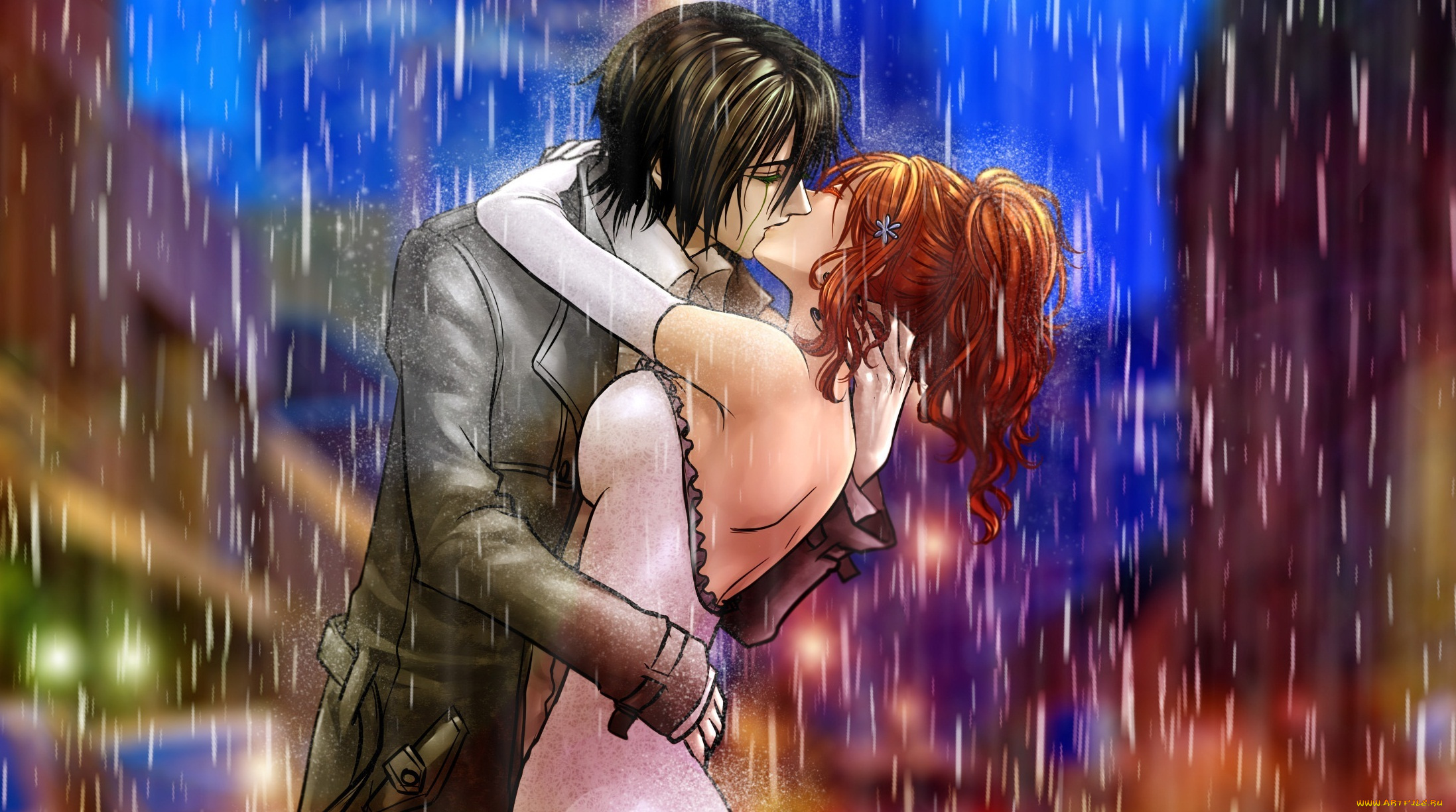 аниме, bleach, пара, поцелуй, дождь, парень, девушка