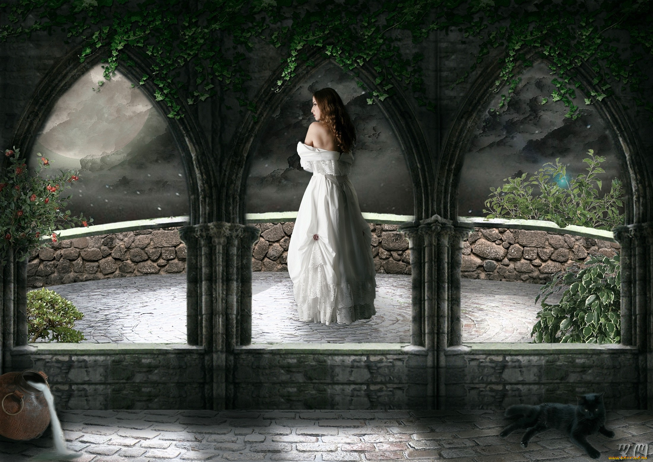 фэнтези, девушки, кот, плющ, платье, балкон