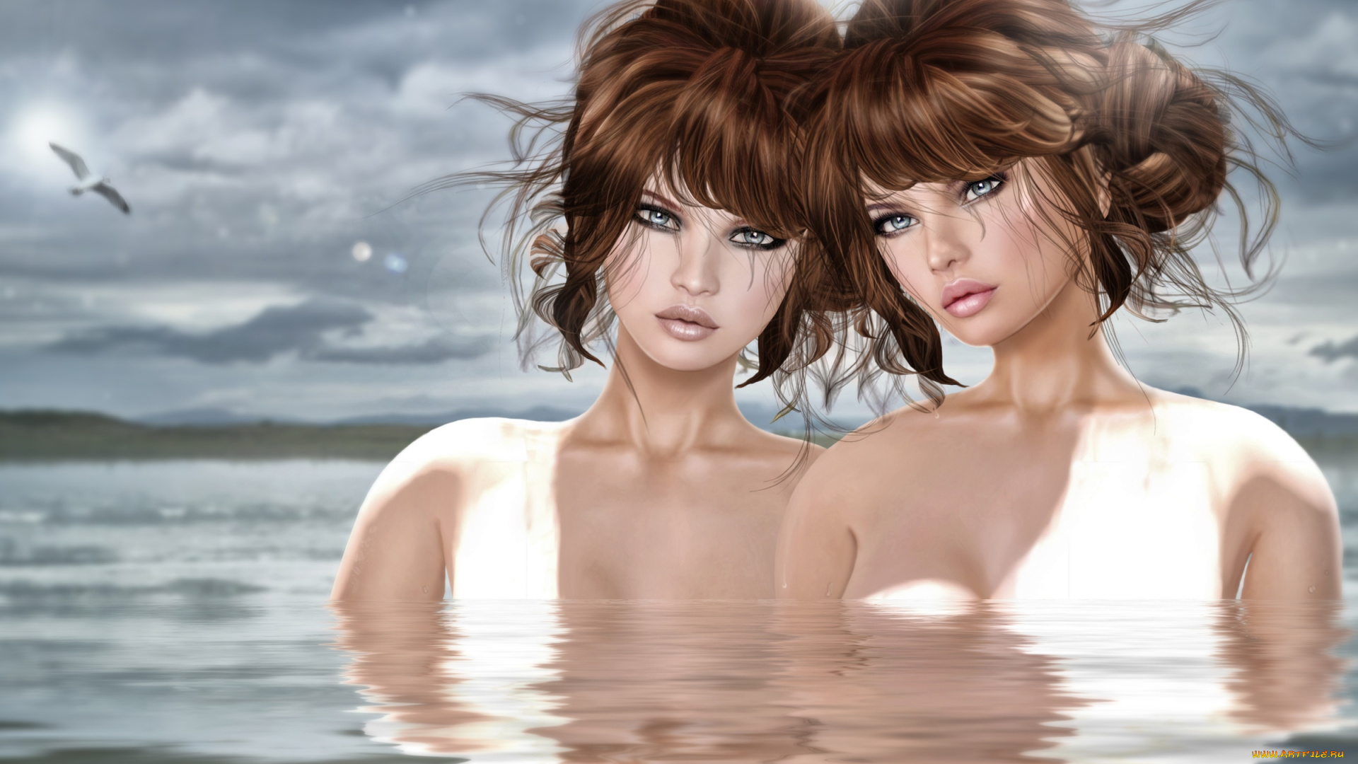 3д, графика, people, люди, вода, девушки, брюнетки