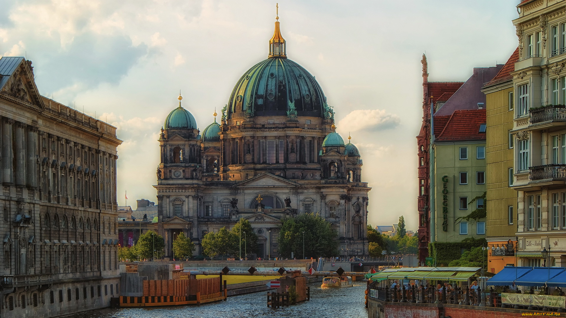 берлин, города, германия, дома, набережная, река