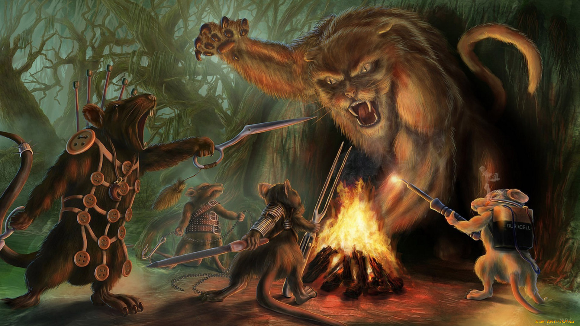 фэнтези, существа, кот, мыши, ситуация, костёр