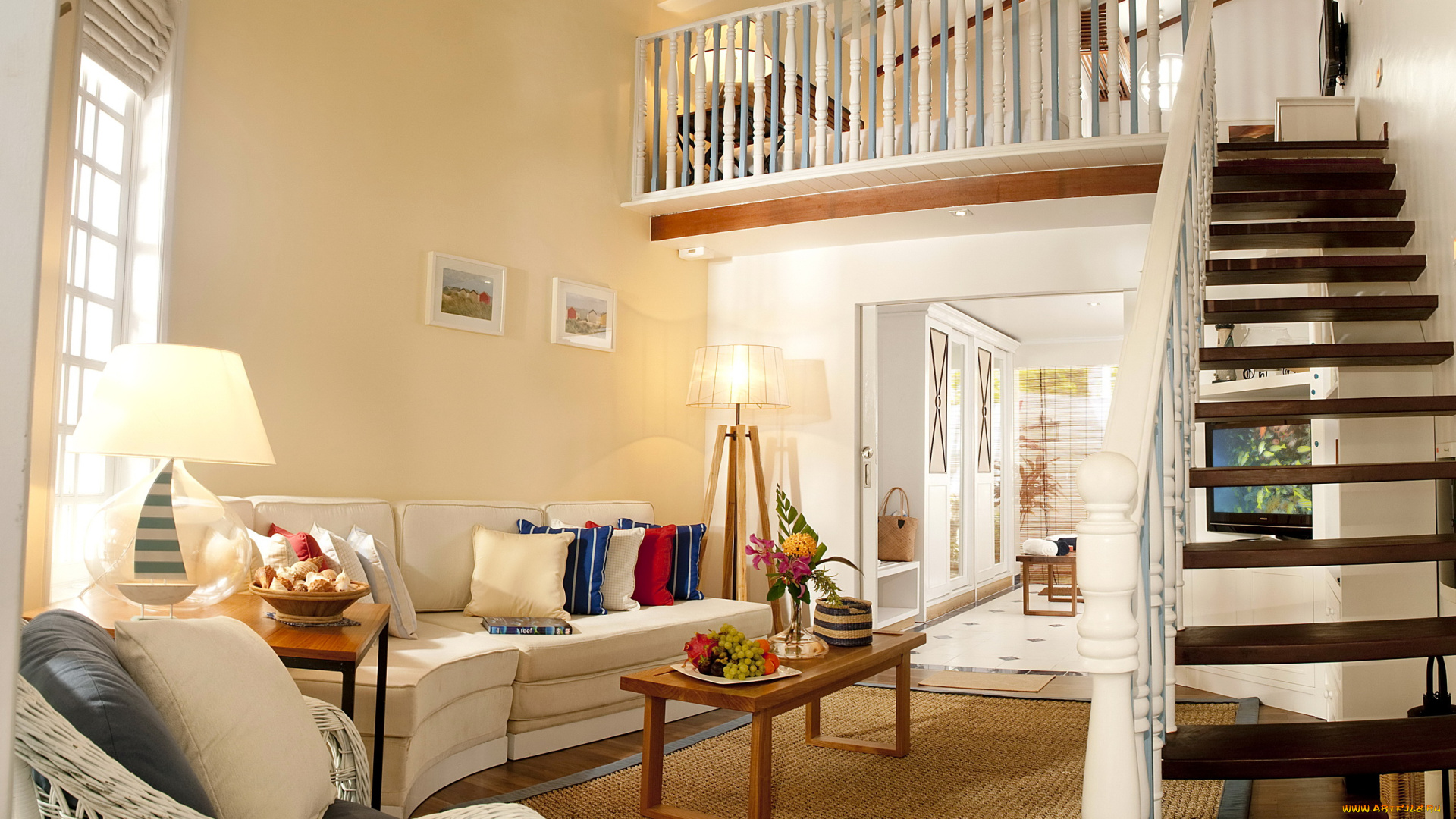 интерьер, гостиная, лестница, люстра