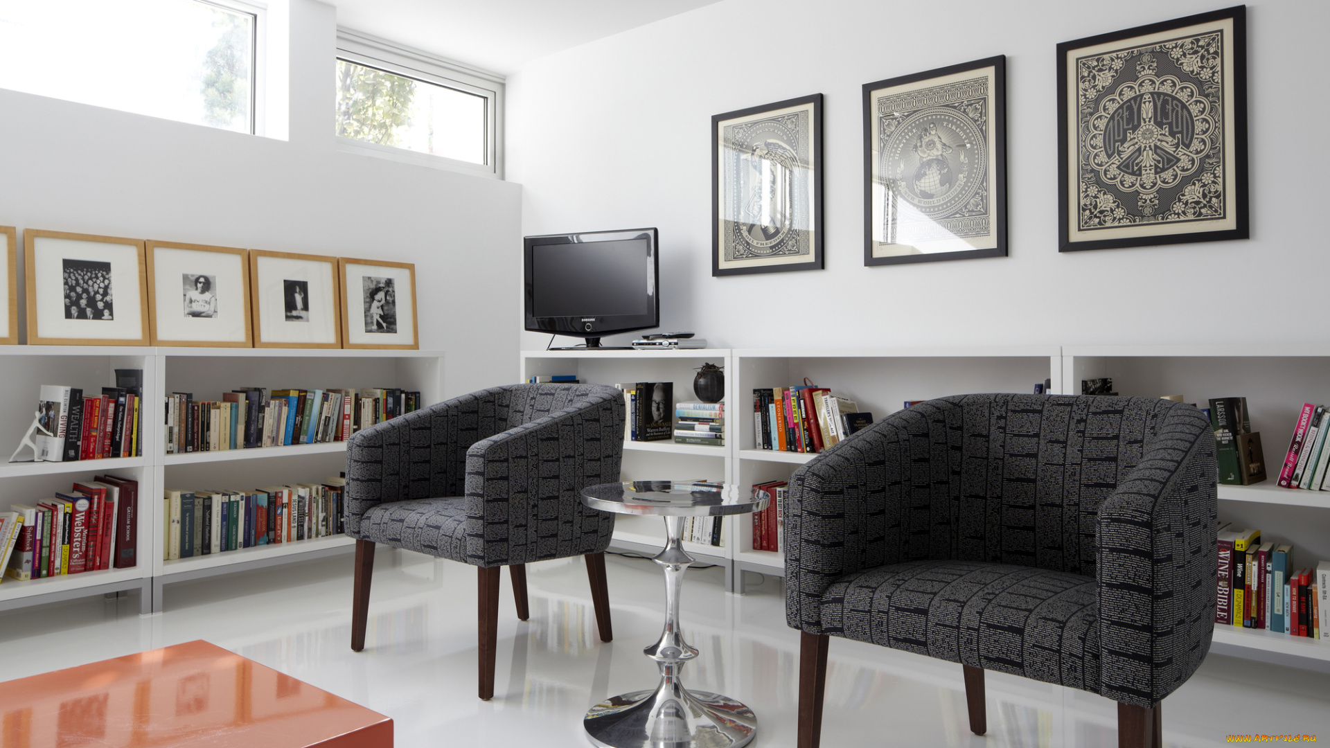 интерьер, гостиная, мебель, картины, белый, цвет