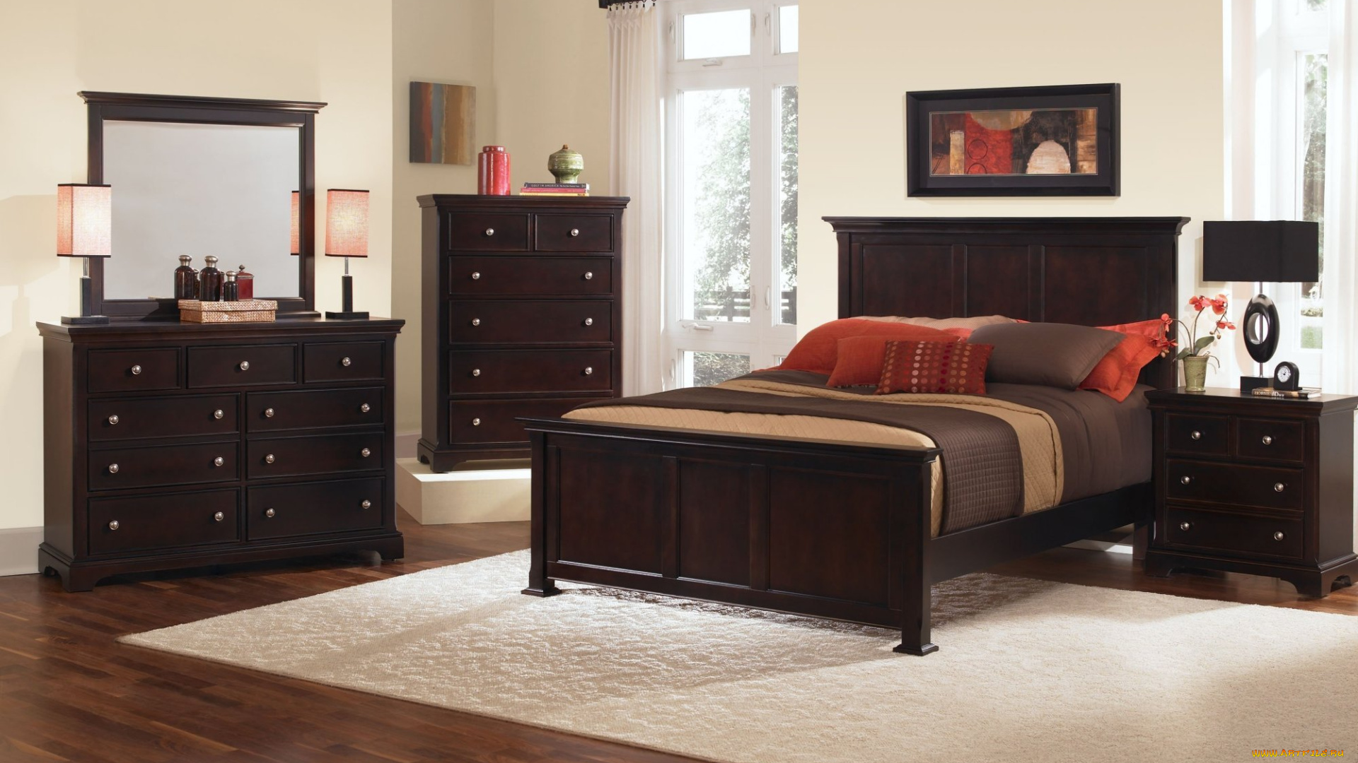 интерьер, спальня, тумбочка, светильник, кровать, подушки