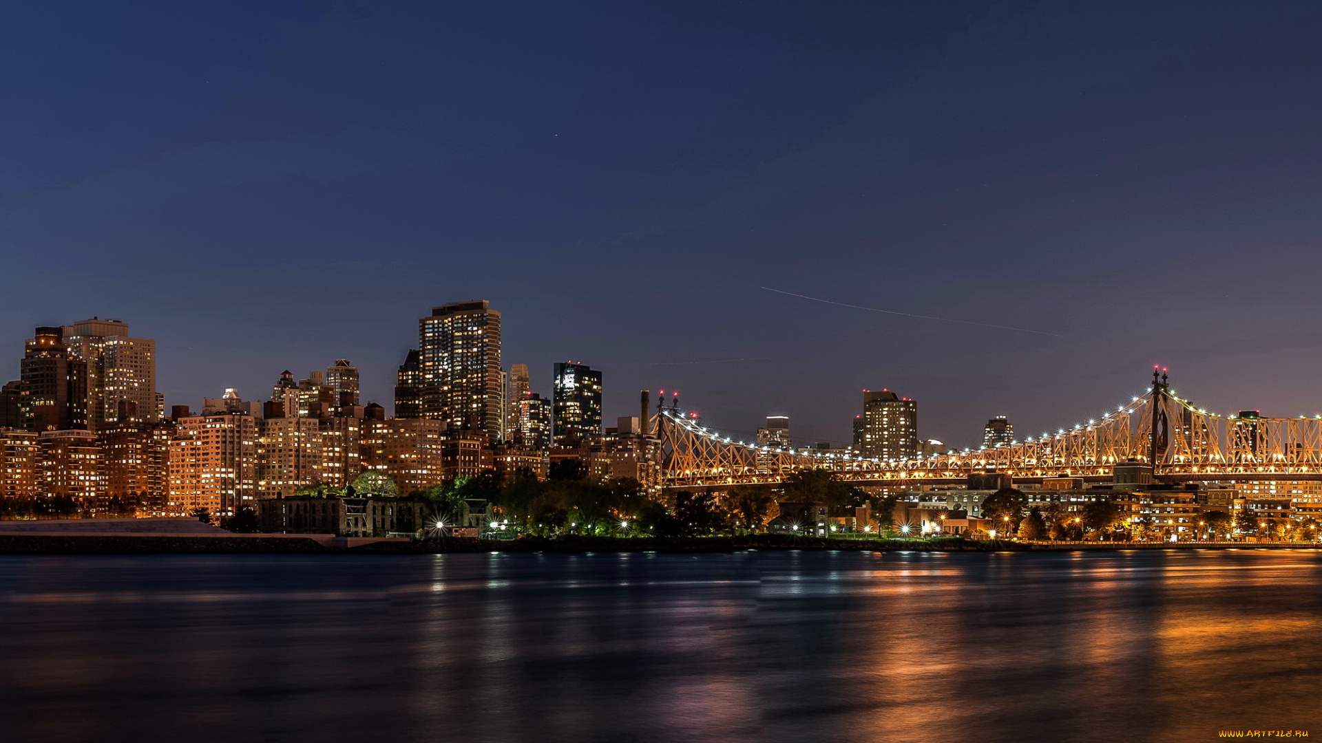 ночной, нью, йорк, города, сша, огни, ночь, река, город