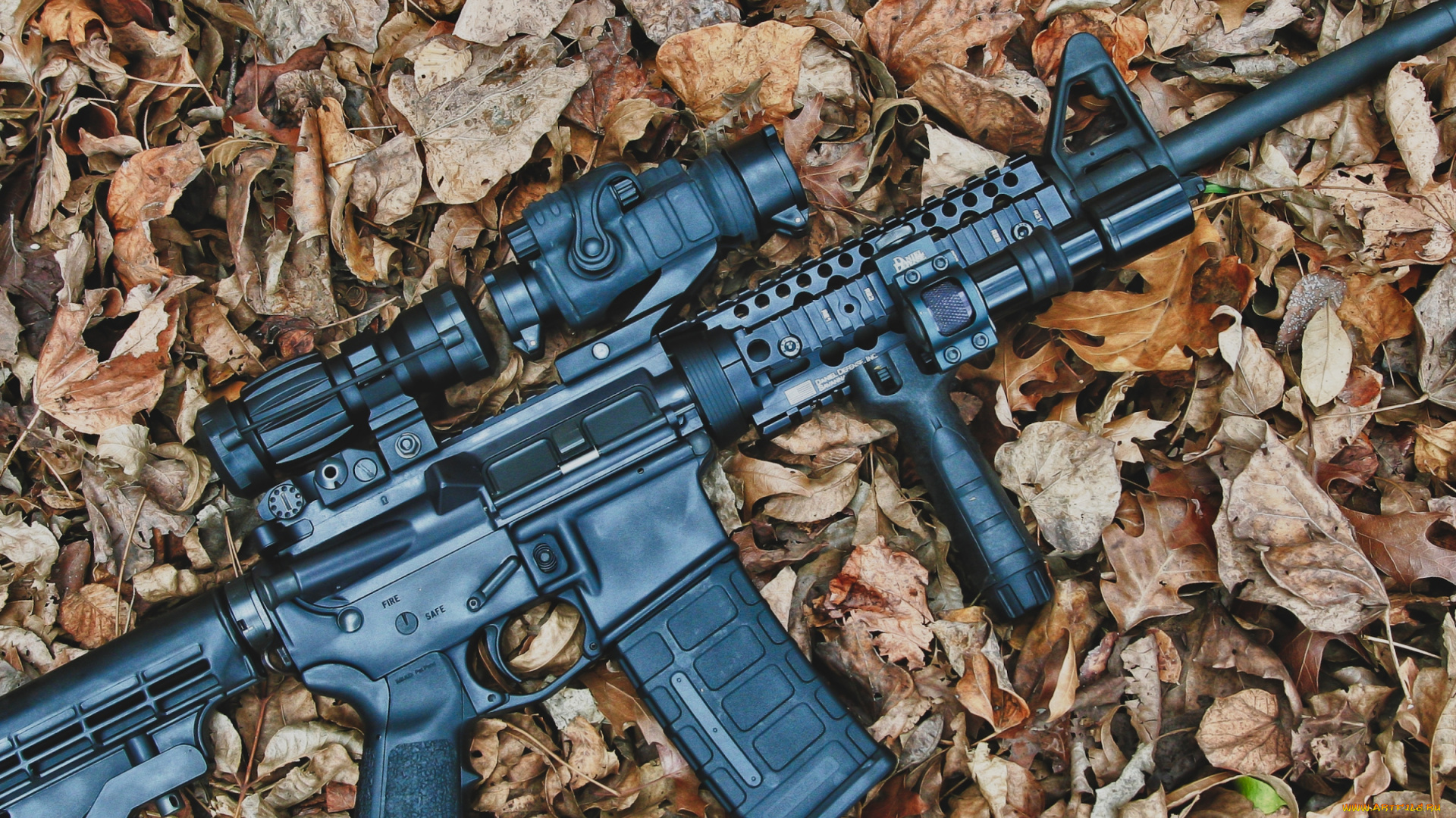 оружие, автоматы, ствол, прицел, листья