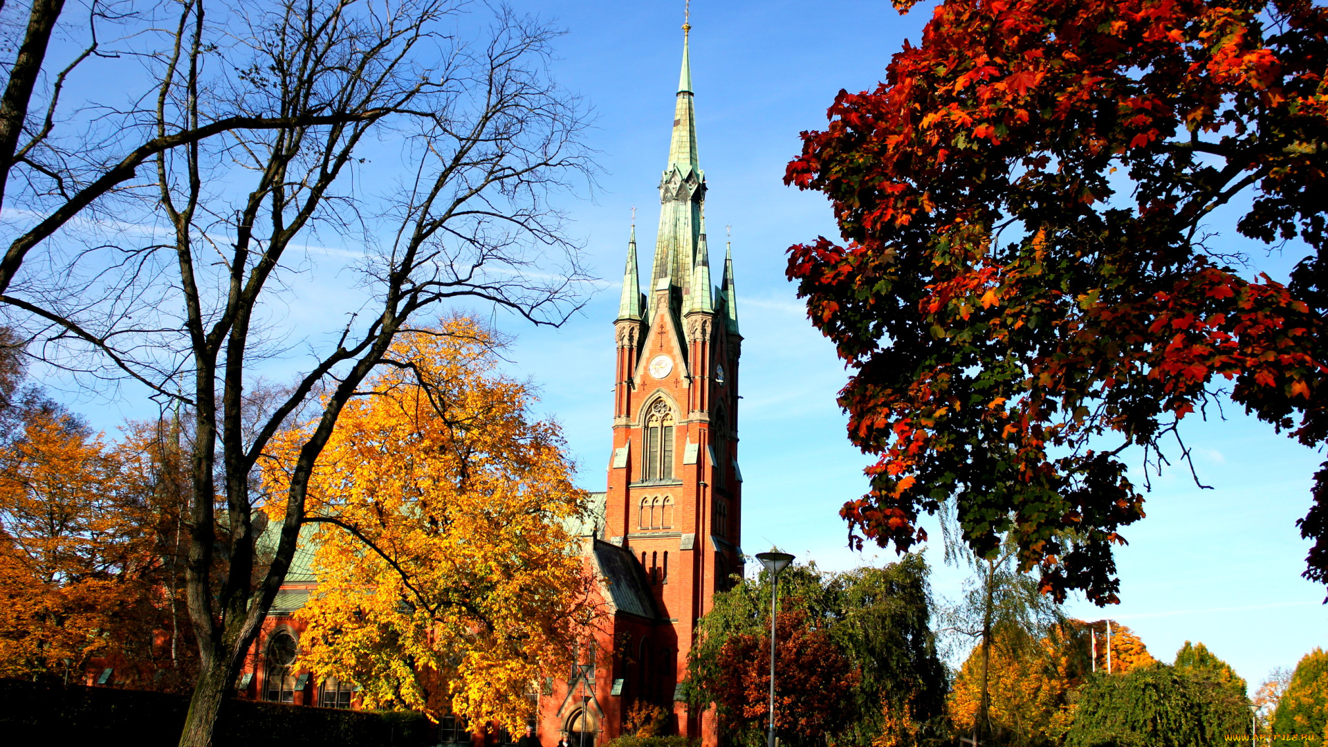 швеция, города, католические, соборы, костелы, аббатства, дома, улица, парк, осень