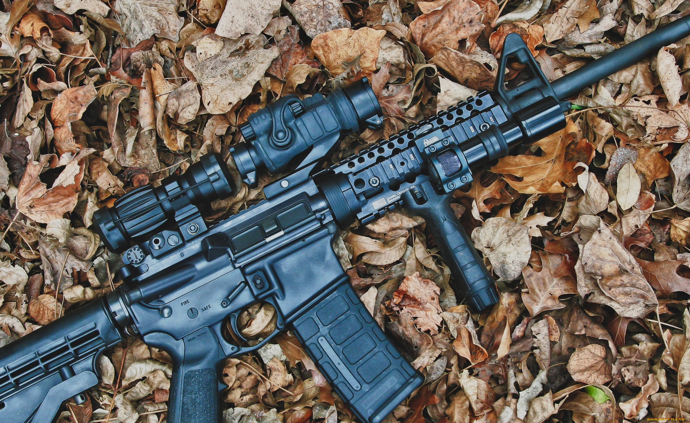 оружие, автоматы, ствол, прицел, листья