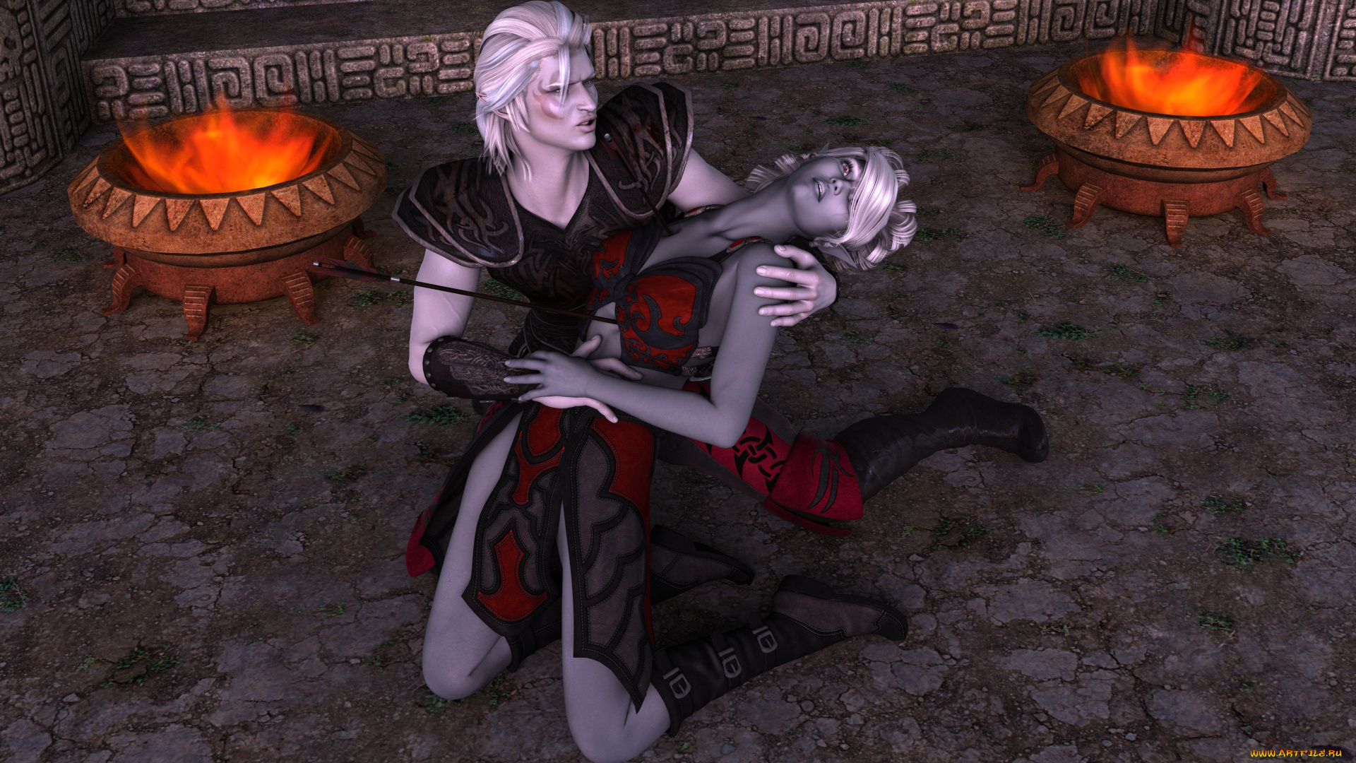 3д, графика, fantasy, , фантазия, девушка, мужчина, стрела, огонь