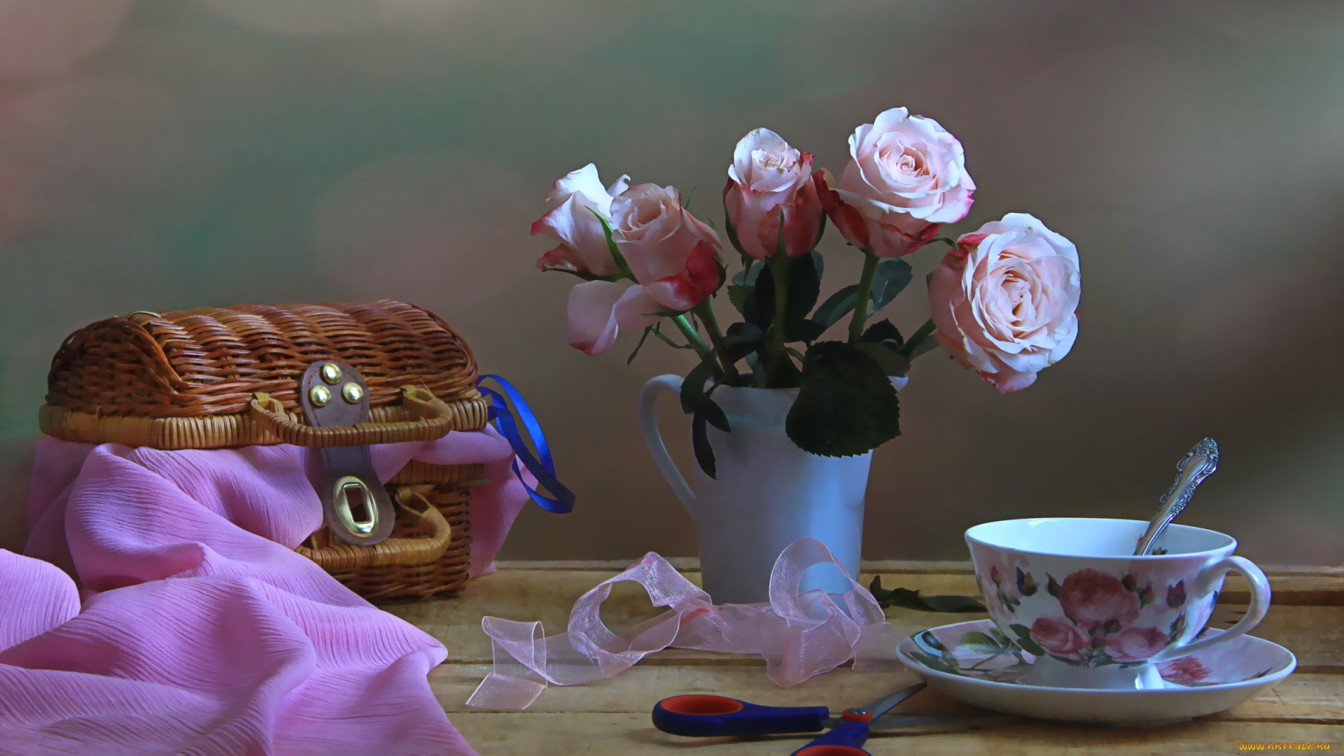 цветы, розы, букетик, сундучок, чашка