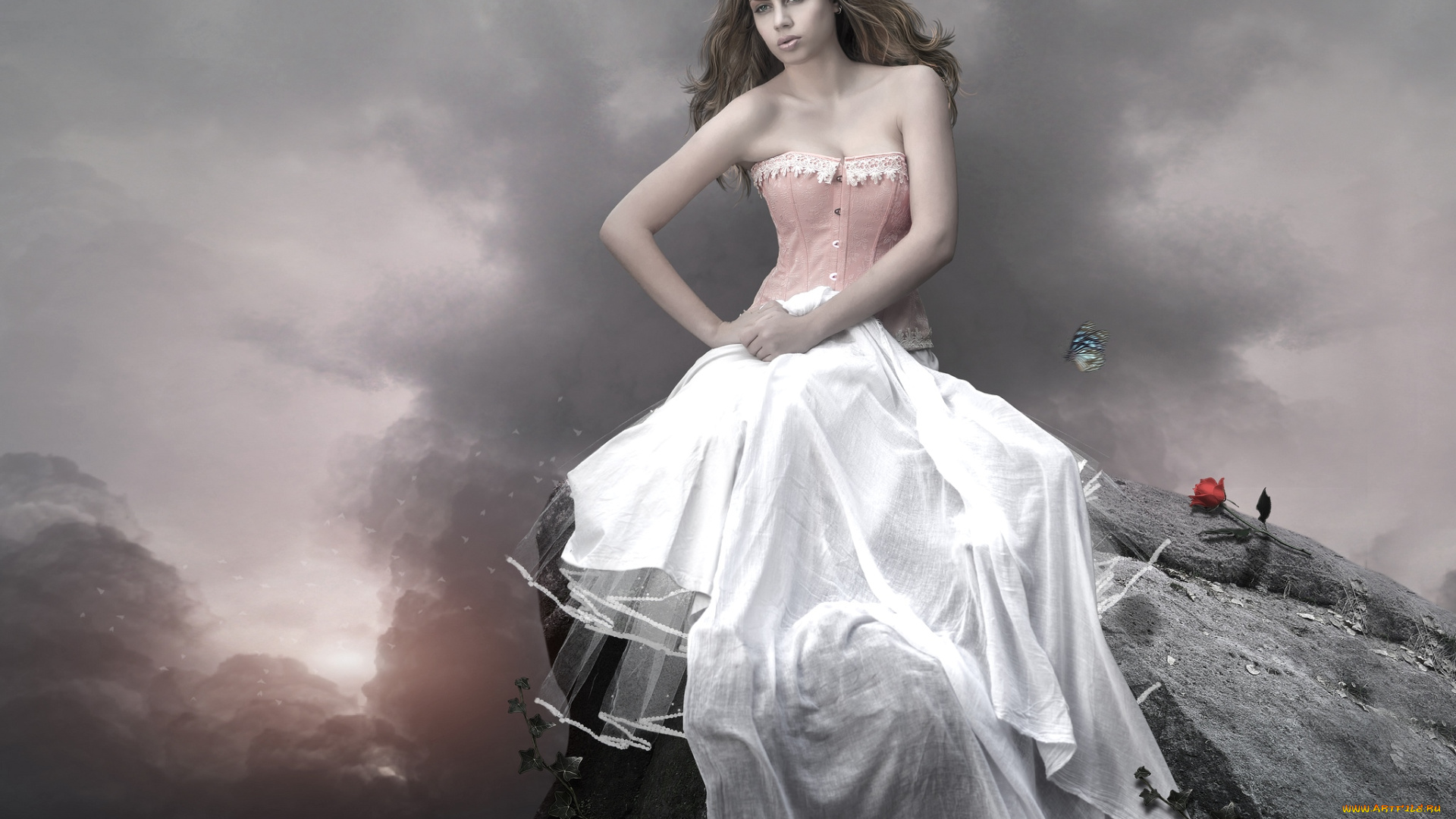 разное, компьютерный, дизайн, девушка, роза, бабочка