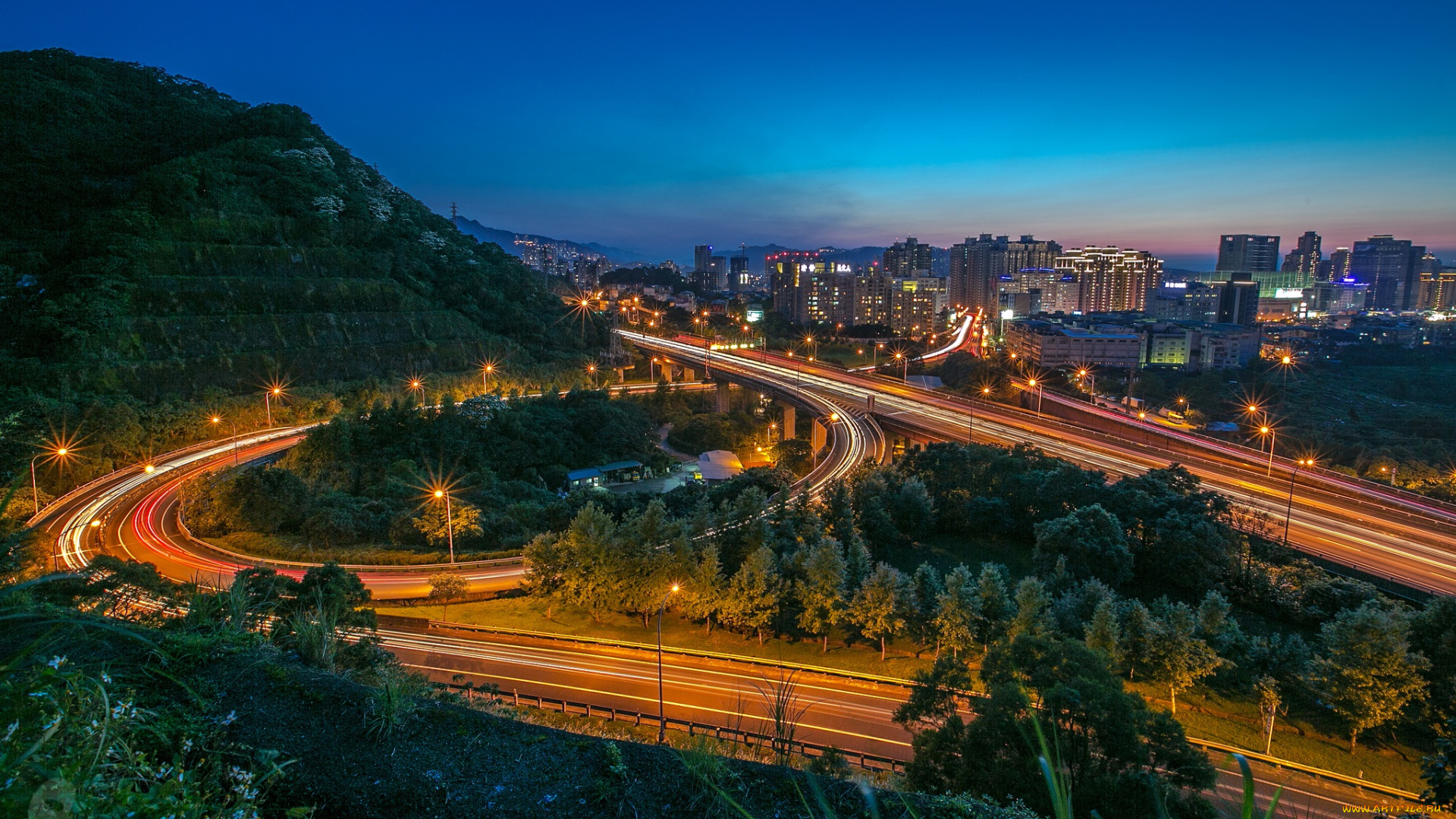 разное, транспортные, средства, и, магистрали, огни, развязка, магистраль, ночь, город