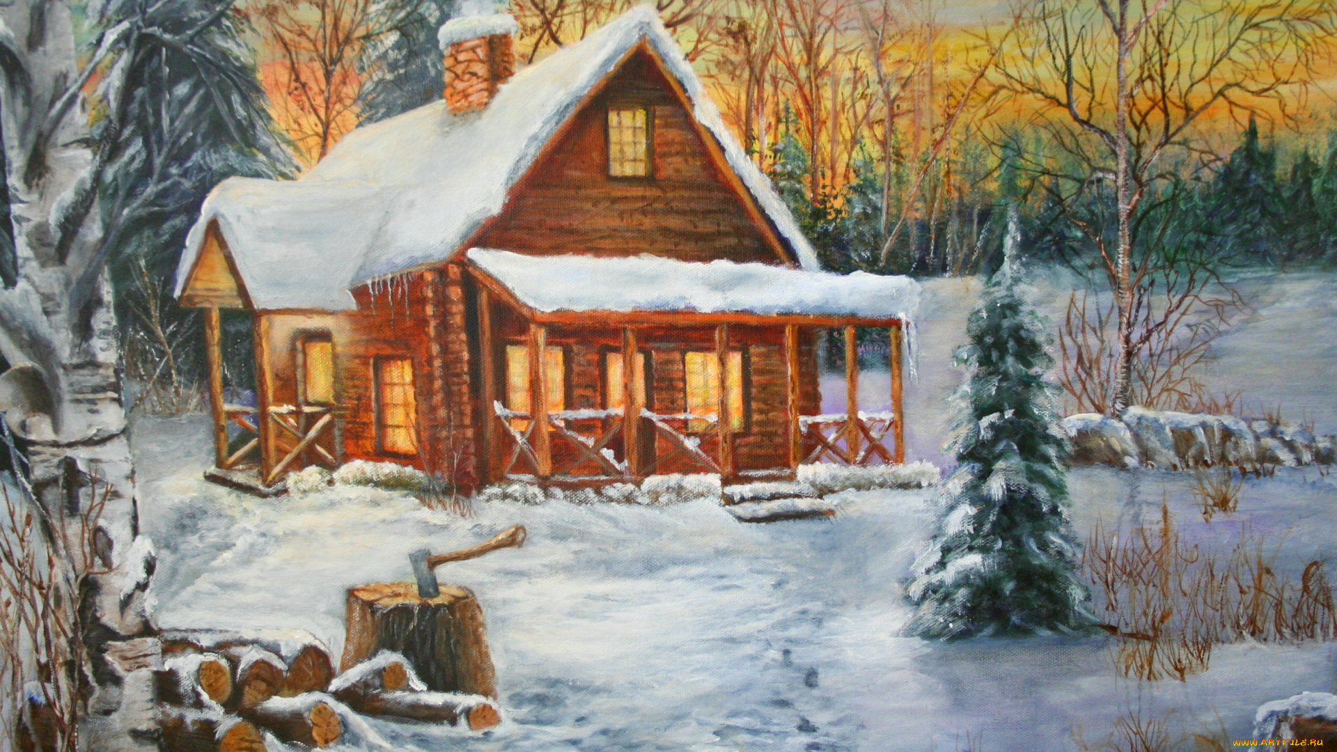 рисованные, праздники, снег, дом, ель