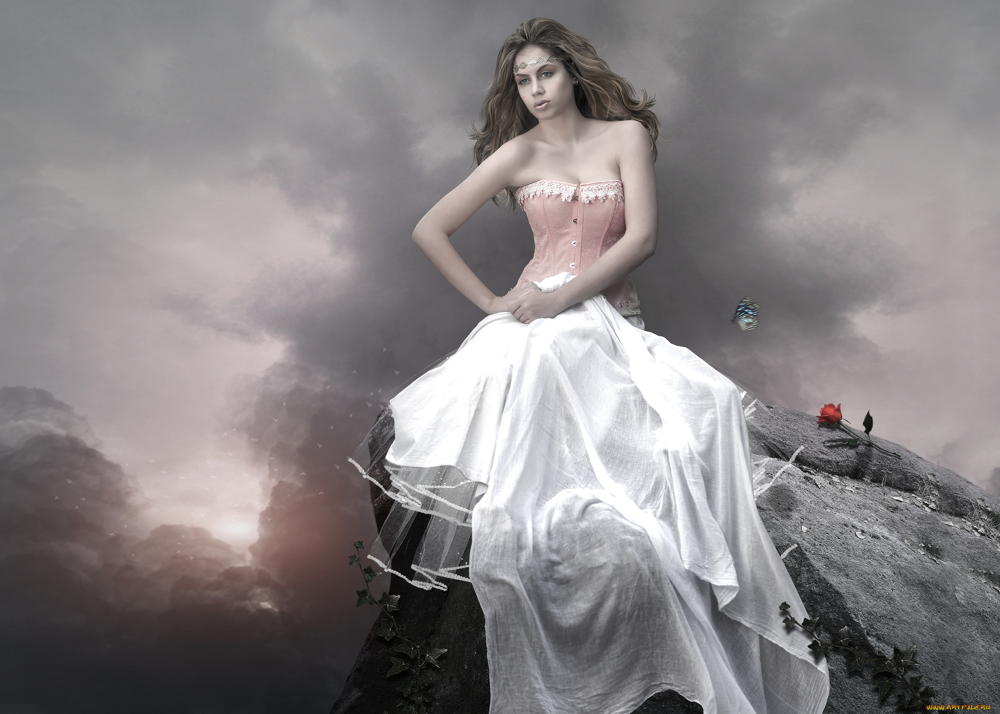 разное, компьютерный, дизайн, девушка, роза, бабочка