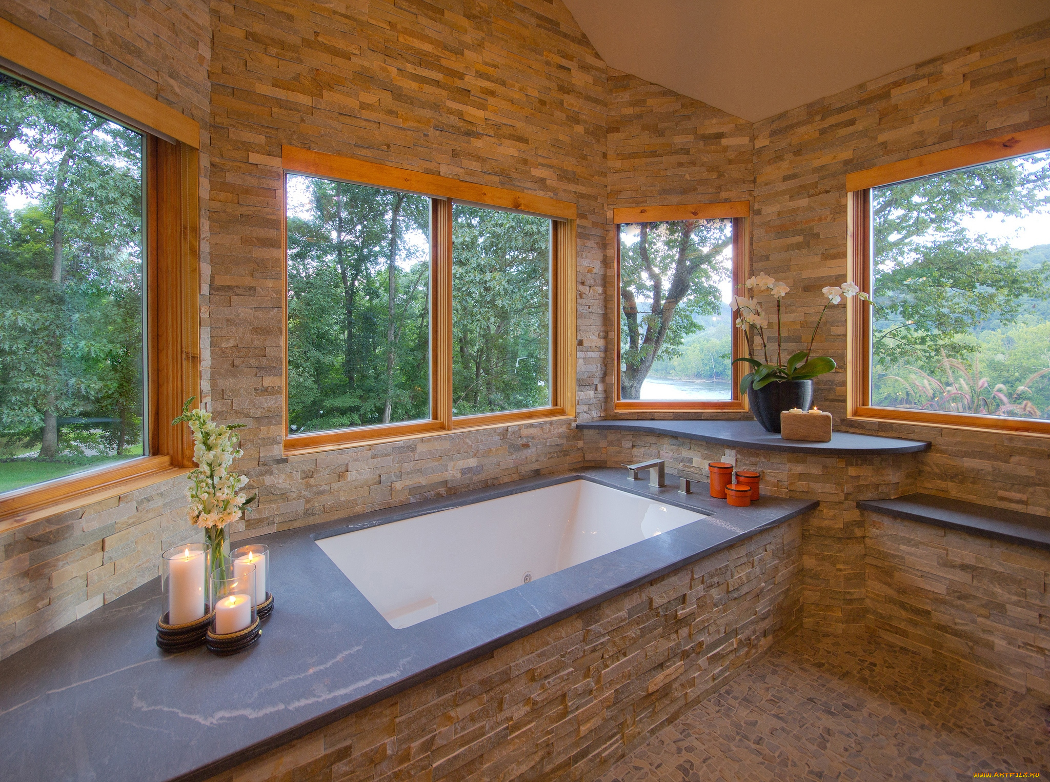 интерьер, ванная, и, туалетная, комнаты, ванна, цветы