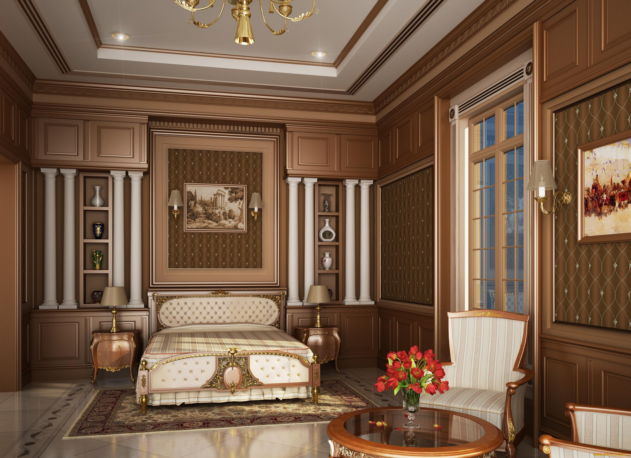 3д, графика, realism, , реализм, стулья, цветы, картина, светильник, стол, кровать