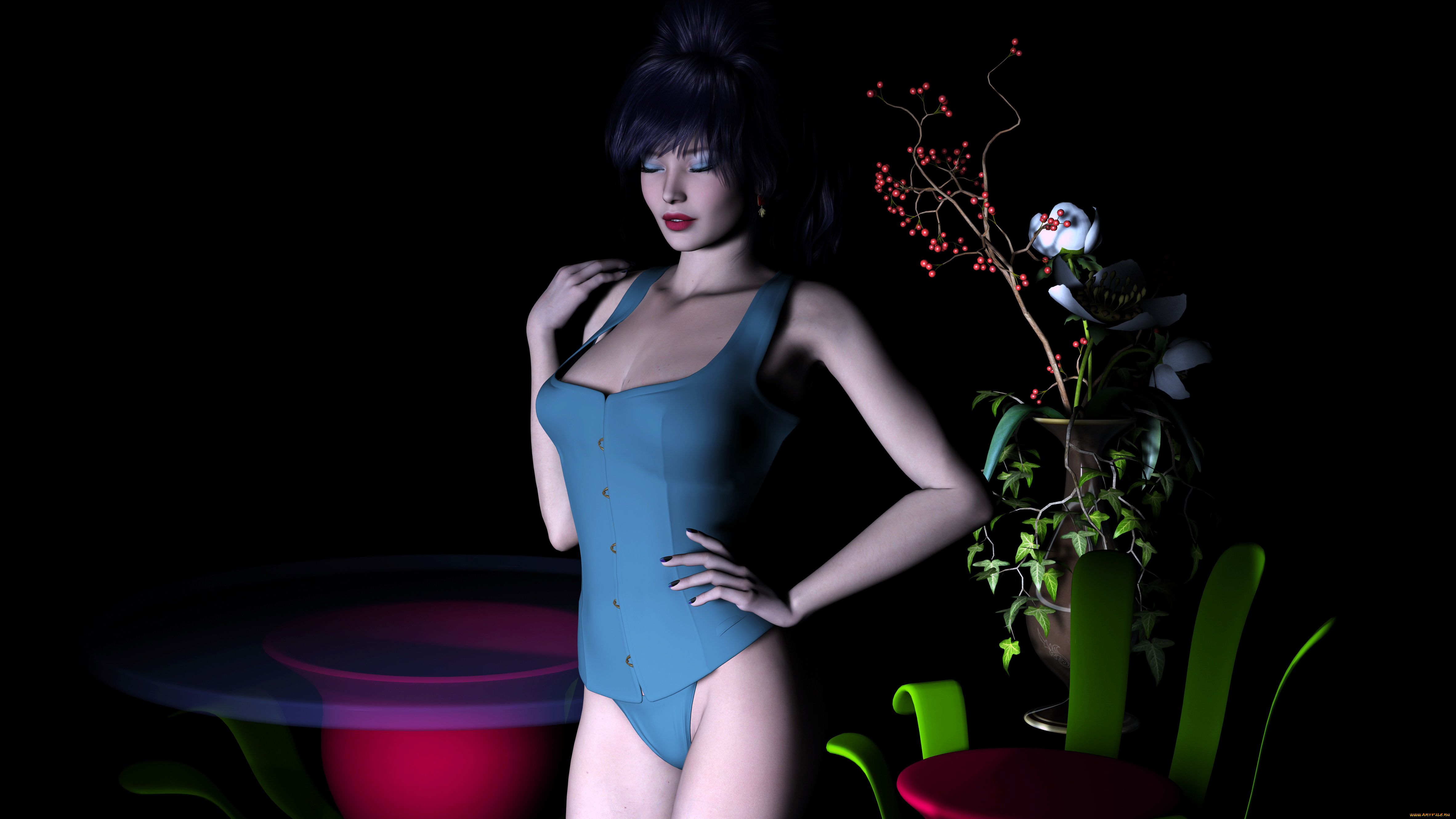 3д, графика, people, , люди, цветы, девушка, взгляд