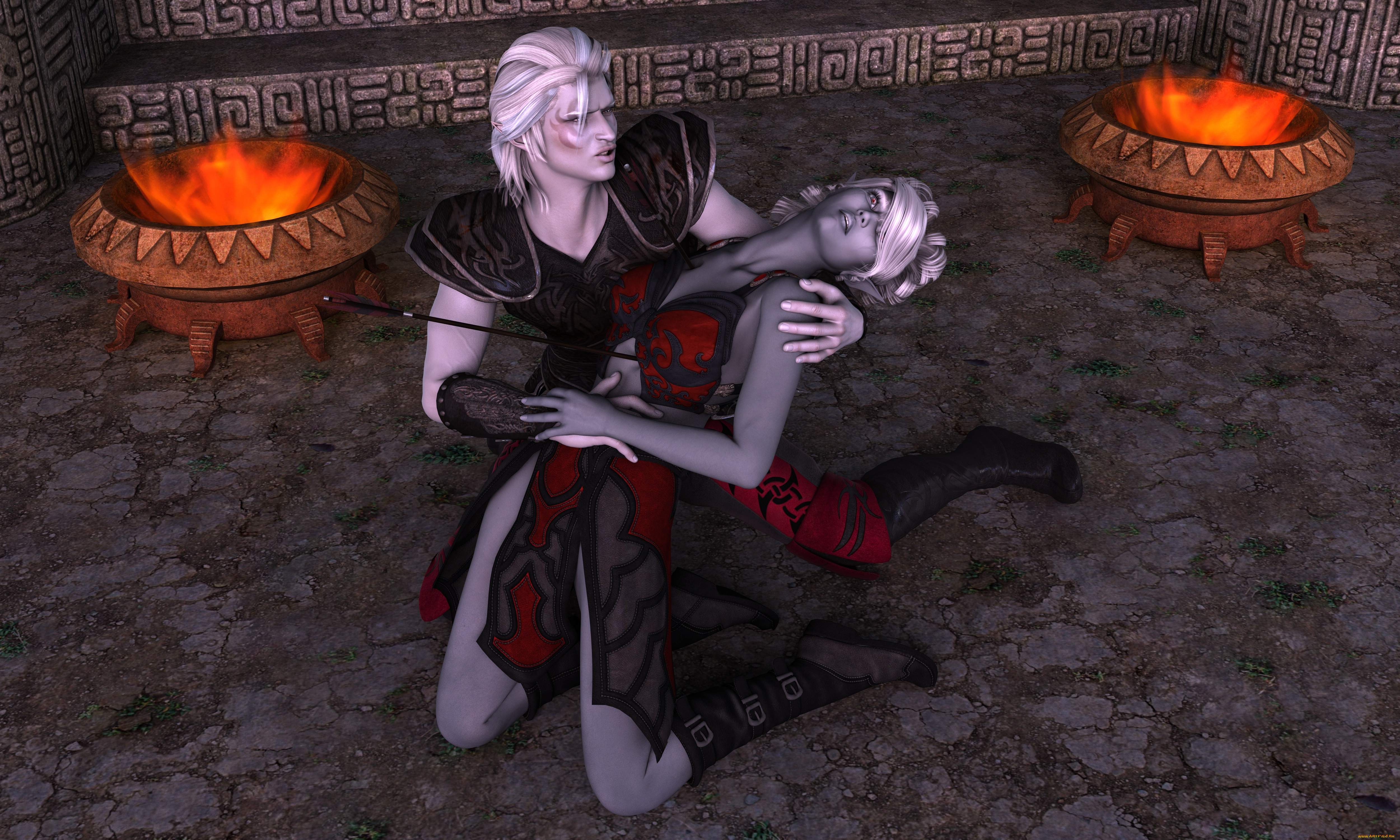 3д, графика, fantasy, , фантазия, девушка, мужчина, стрела, огонь