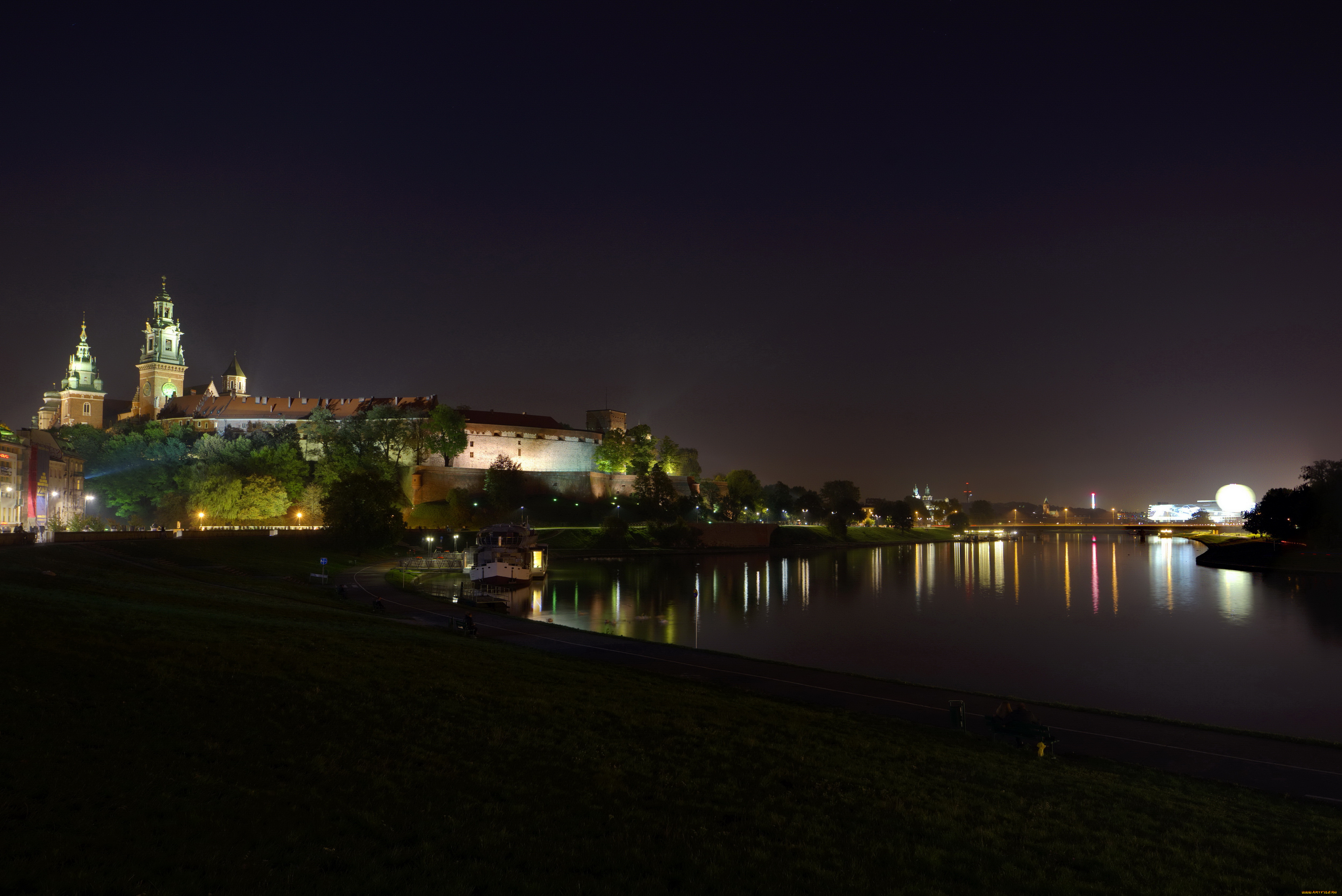 wawel, , krakоw, , poland, города, -, огни, ночного, города, ночь, река, poland, krakоw, польша, краков, замок, огни