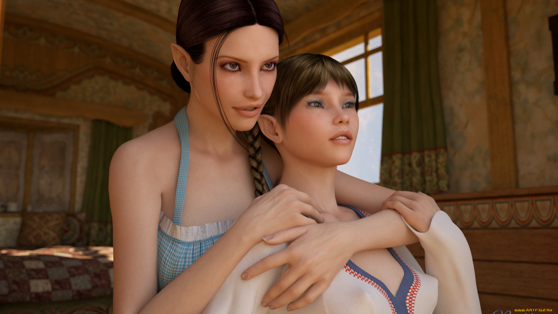 3д, графика, эльфы, , elves, девушки, взгляд, фон, улыбка, элфийки